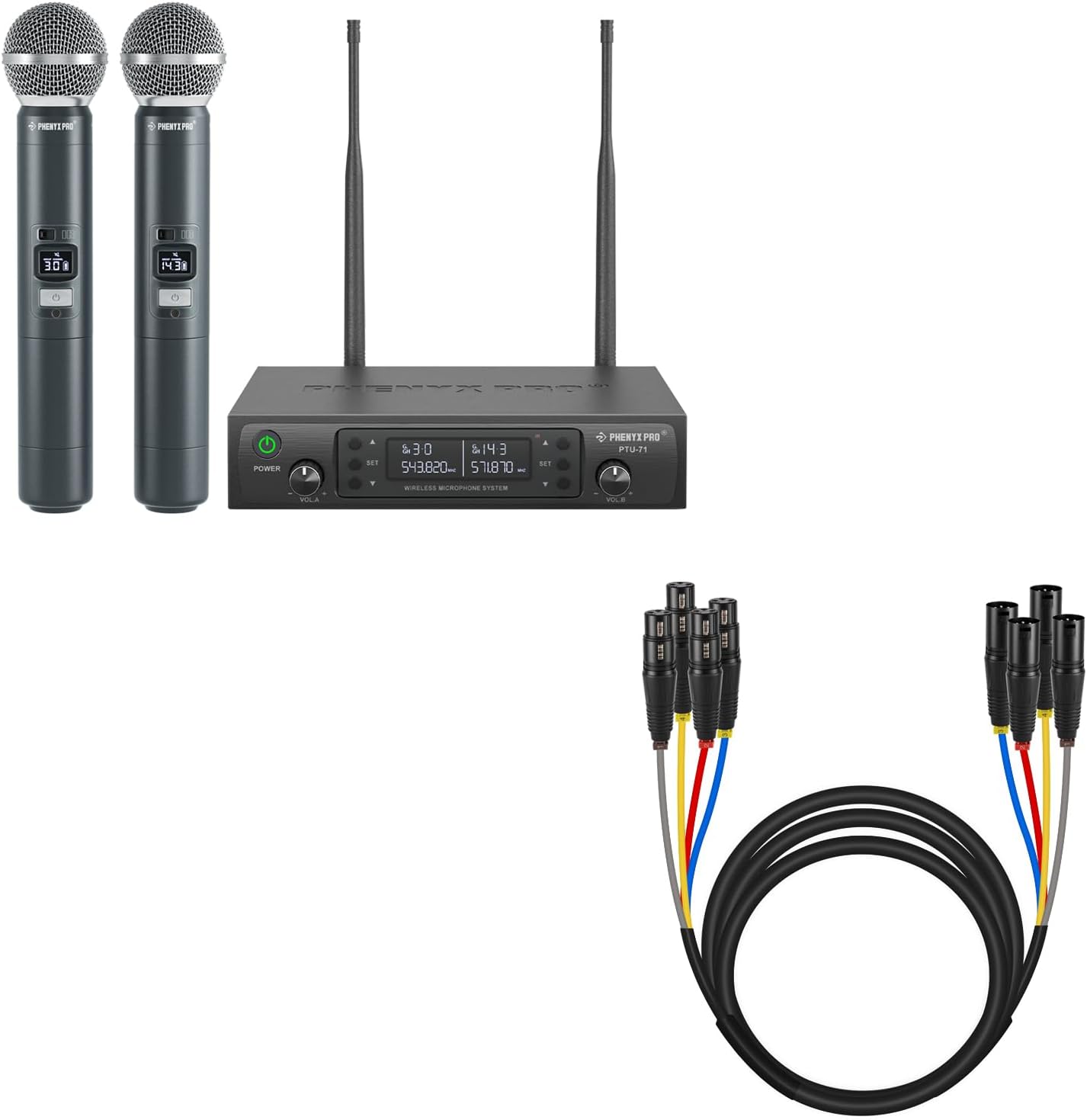 Phenyx Pro Wireless Microphone System,2x100 Adjustable UHF Channels(PTU-71-2H) Bundle with 10Ft XLR Snake Cable