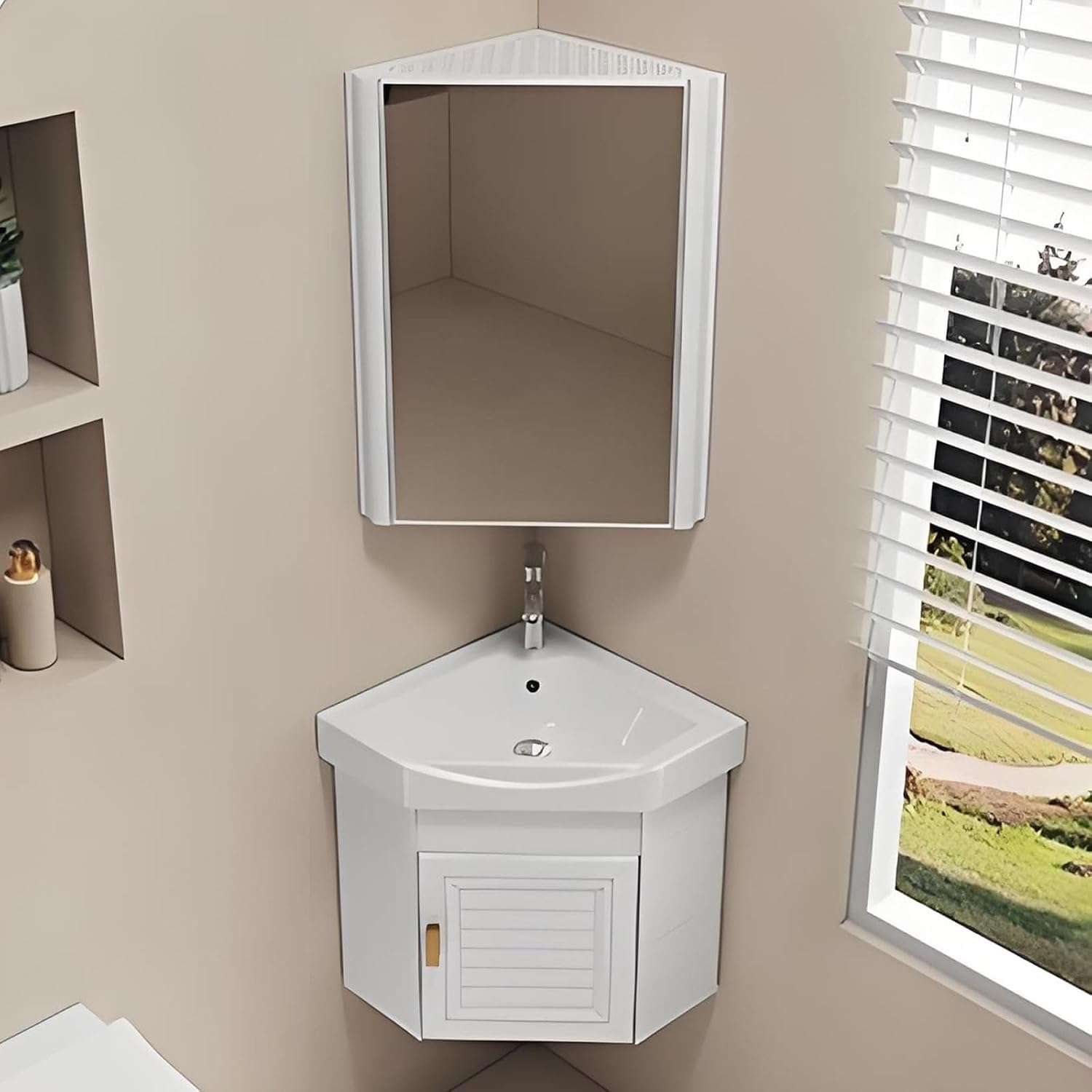 Ceramic Bathroom Corner Sinks, Small Bathroom Sink Wall Mount Bathroom Corner Sinks, Wall Cabinet With Utility Sink Set, For Small Space, Single-apartment(White,38cm)