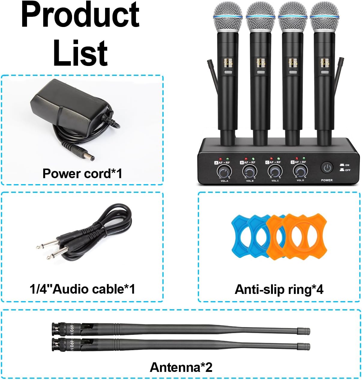 B-2000 Professional Wireless Microphone System – 4 Cordless Handheld Mics, Perfect for Karaoke Parties, Church Services, Meetings, and More! Compatible with TVs and Speakers