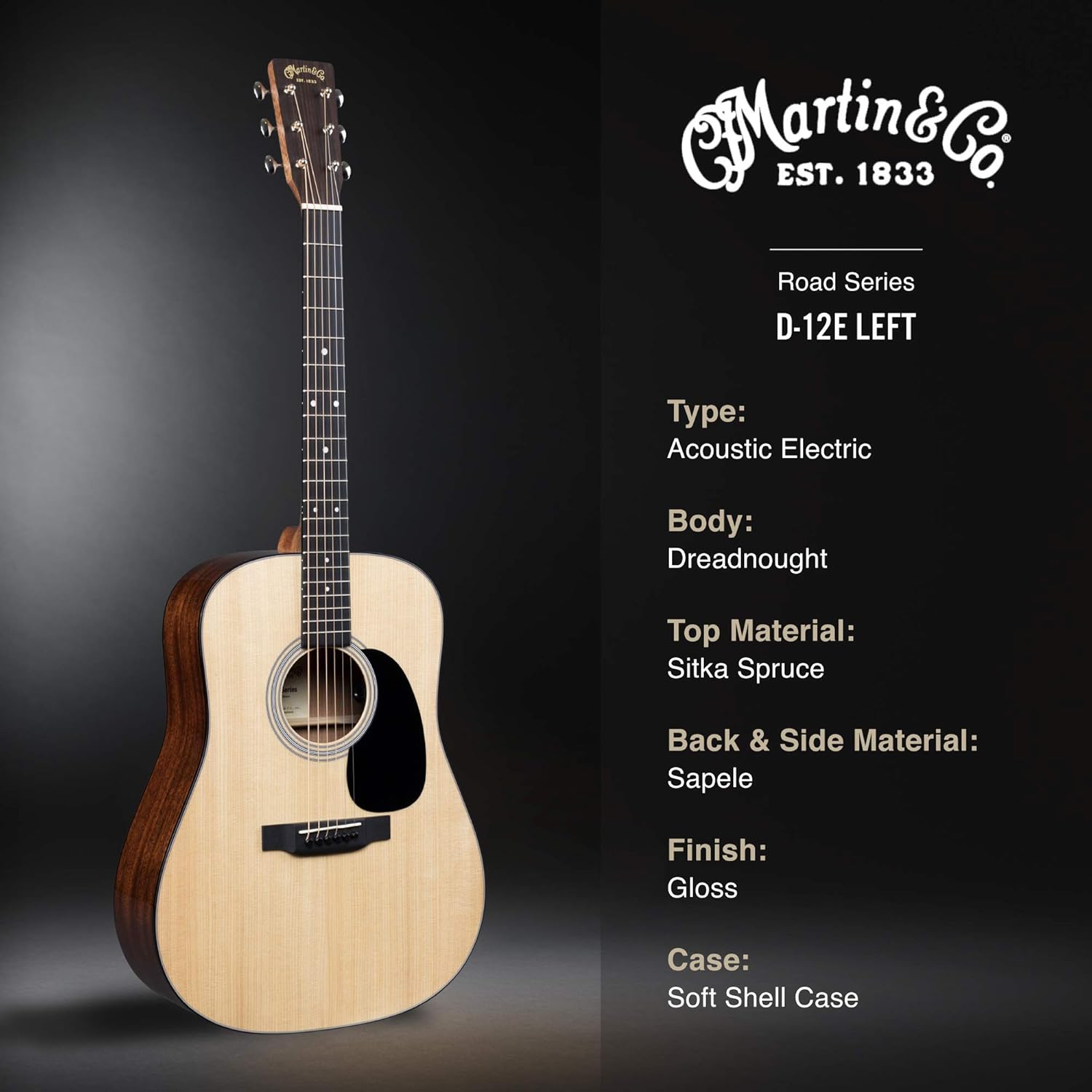 Martin Guitar Road Series D-12E Acoustic-Electric Guitar with Gig Bag, Sitka Spruce and Sapele Construction, D-14 Fret and Performing Artist Neck Shape with High-Performance Taper