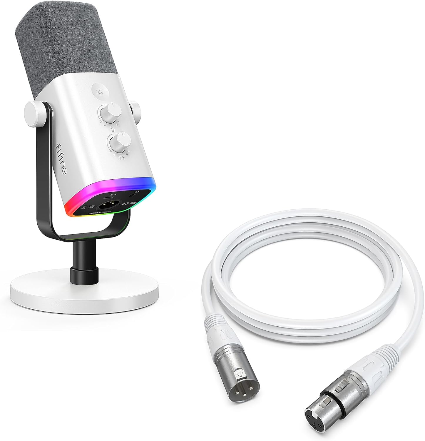 FIFINE Gaming Dynamic Microphone with XLR Cable Set, RGB USB Microphone with Gain Knob, 3.5mm Headphone Jack and 10ft Microphone Cable for Podcasting,Streaming- AM8W+L9W