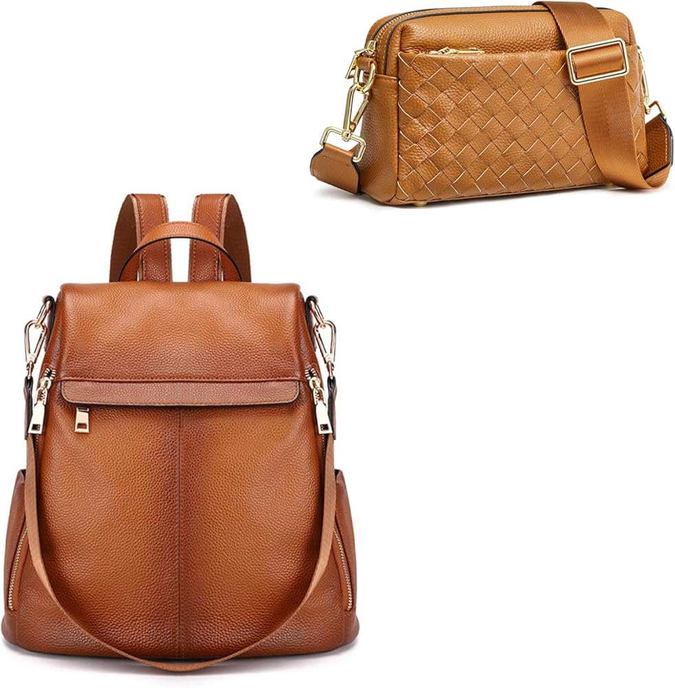 Kattee Genuine Leather Backpack Purse Bundle with Women Small Woven Crossbody Bags