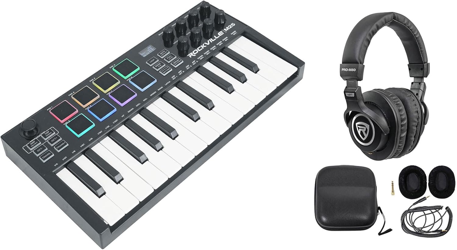 Rockville M25 Black 25 Key USB Wireless Bluetooth Keyboard Controller+Headphones