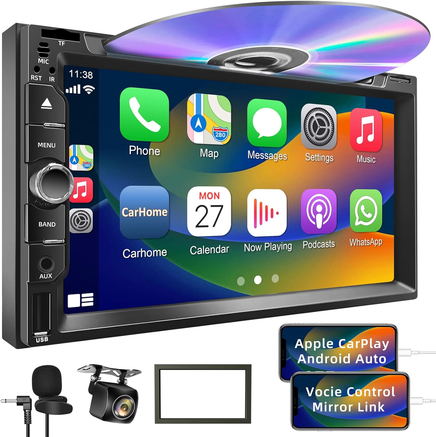 Double Din Car Stereo with Carplay&Android Auto,7 Inch HD Touchscreen Car Radio Support CD DVD Player,Bluetooth,Backup Camera,Mirror Link,SWC,Subwoofer,USB/TF/AUX Input, AM/FM Car Stereo Receiver
