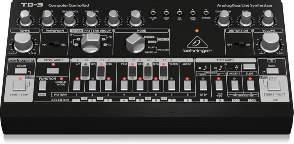Behringer TD-3-BK Analog Bass Line Synthesizer with VCO, VCF, 16-Step Sequencer, Distortion Effects and 16-Voice Poly Chain