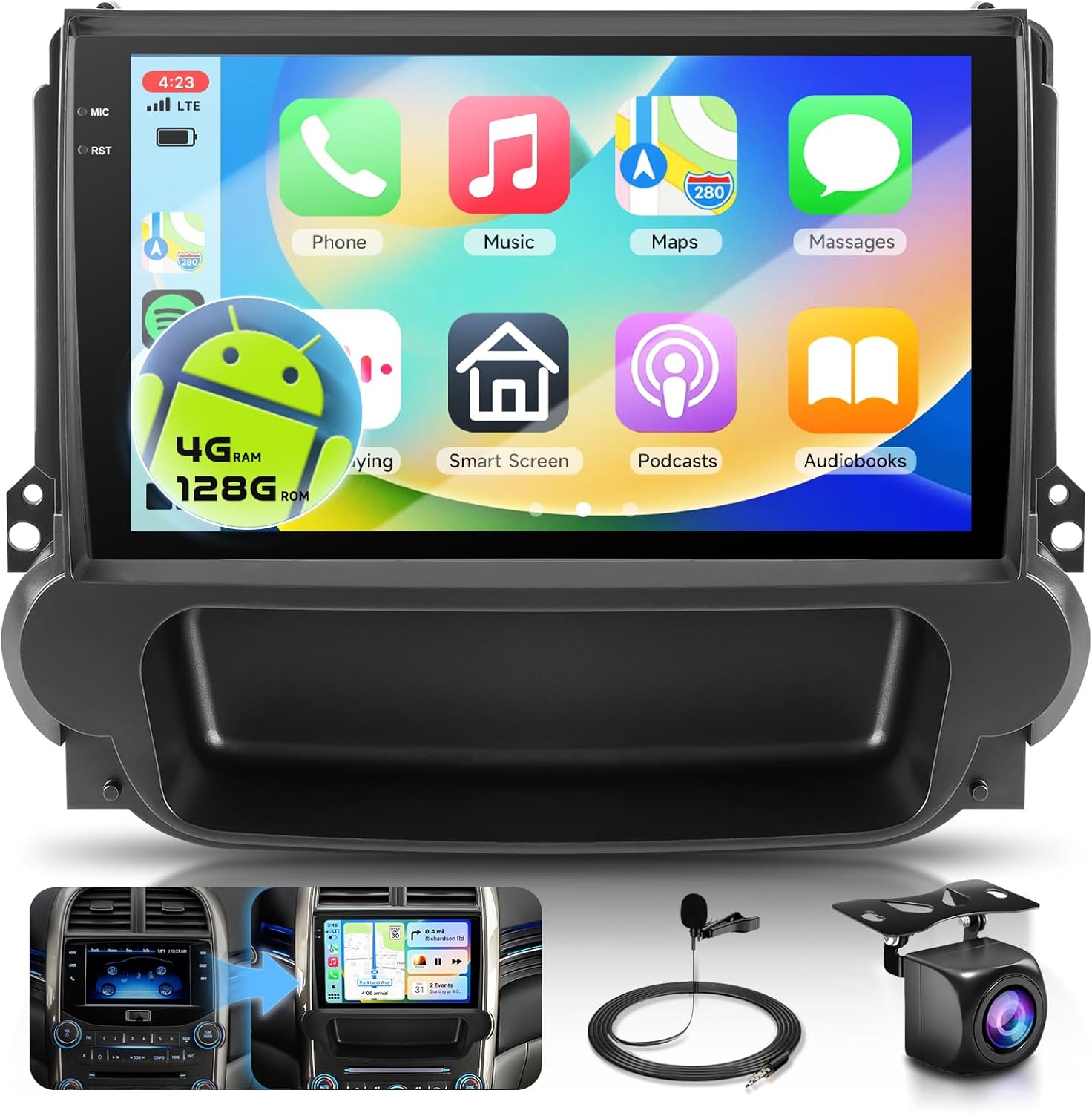 4G+128G Android Car Stereo for Chevy Chevrolet Malibu 2009-2014 with DSP/Wireless Carplay/Android Auto, 9 inch 1280 * 720 in-Cell Touch Screen Radio Bluetooth 5.0 FM/RDS Mirrorlink Backup Camera