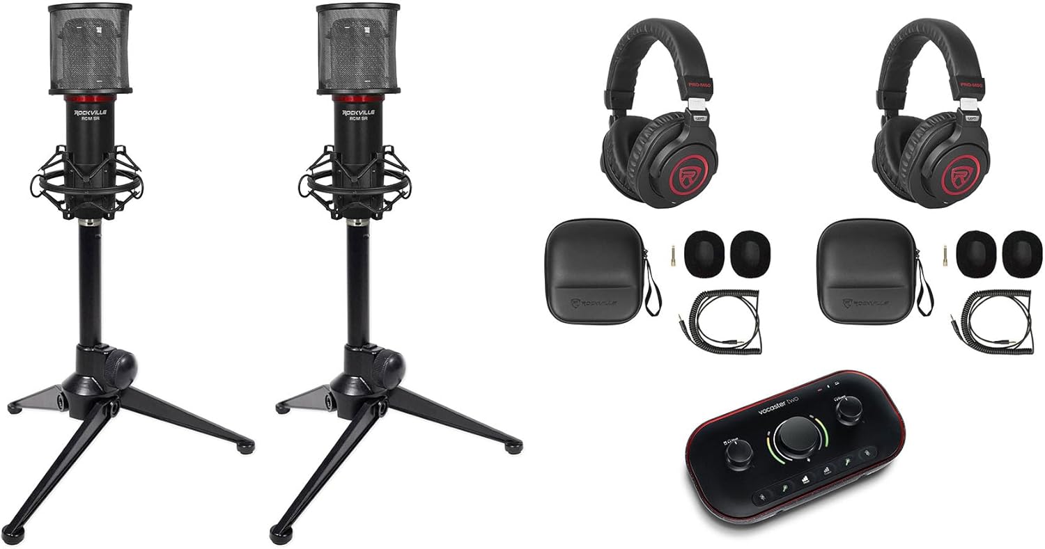 Audiosavings Bundle: (1) Focusrite Vocaster Two USB-C Audio Interface Bundle with (2) Rockville Studio Headphones & (2) Rockville Recording Microphone & (2) Rockville RDTS Microphone Stand (7 Items)