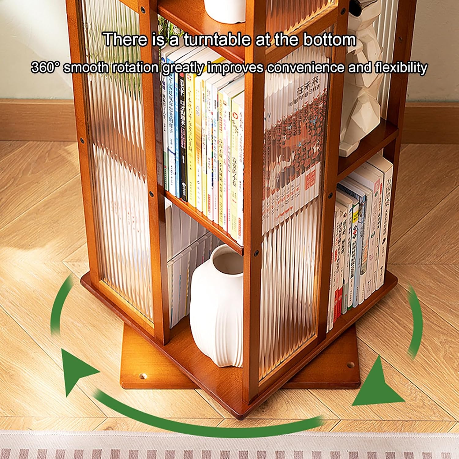 5 Tier Rotating Bookshelf, 360° Spinning Book Shelf Tower, Bamboo Floor Standing Storage Rack, Narrow Storage Shelf for Living Room, Bedroom, Study(Beige)