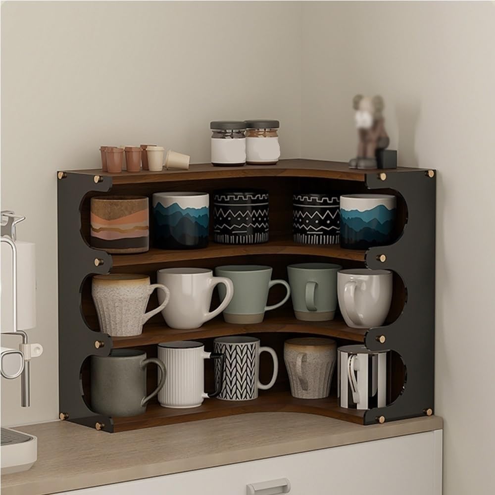 3 Tier Corner Storage Rack, Coffee Cup Holder Wall Mounted, Wall Mount Cup Holder Display Stand for Kitchen and Tea Bar(Black)
