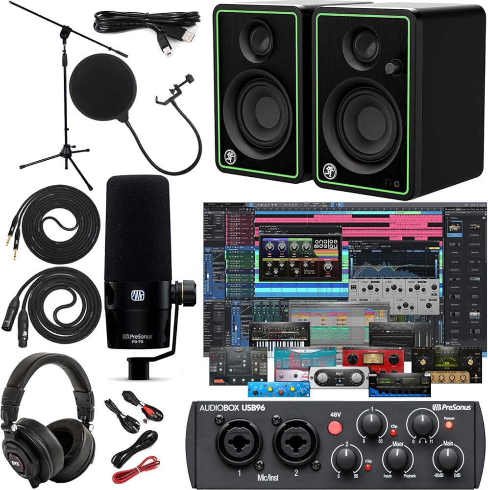 Presonus AudioBox 96 USB 2.0 Audio Interface Studio Bundle and PD-70 Dynamic Vocal Microphone with XLR Cable with Studio One Artist Software Pack with CR3-X Pair Multimedia Creative Monitors