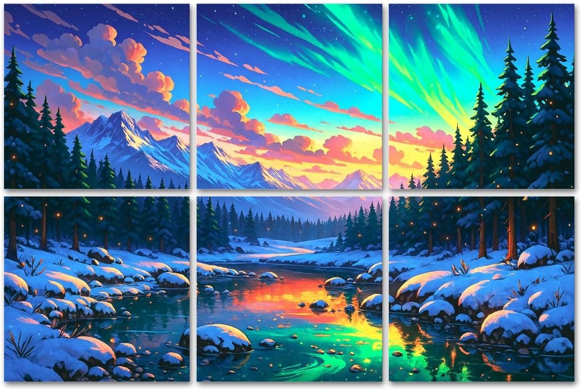 6 Pack Art Acoustic Panels Sound Absorbing Snowy Winter Landscape Northern Lights Mountain View Decorative Soundproof Wall Panels Self Adhesive for Recording Studios Office 72