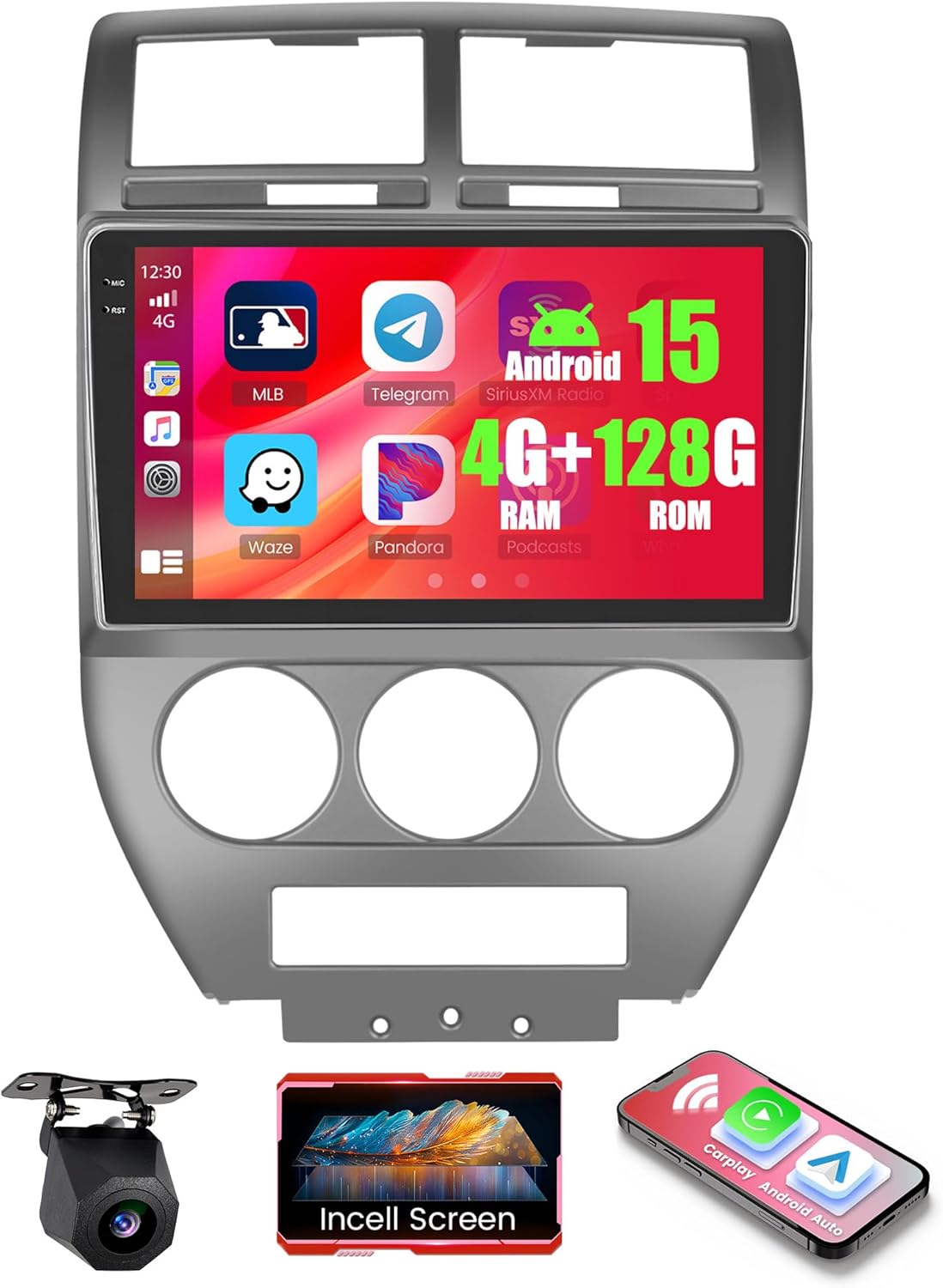 4+128GB Android 15 Car Radio for Jeep Compass 2007-2010 Wireless Carplay Android Auto, Realdio Car Stereo for Compass 10.1