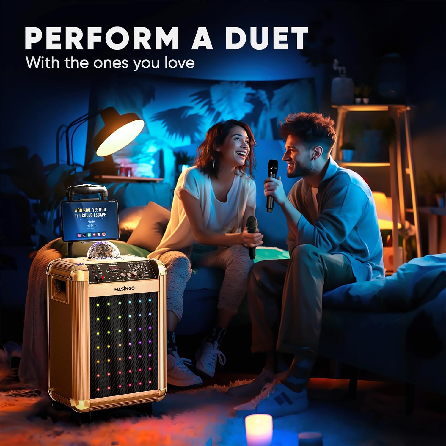 MASINGO Karaoke Machine for Adults and Kids with 2 Bluetooth Wireless Microphones. Portable Singing PA Speaker System with Disco Ball Lights, Lyrics Display Tablet Holder & TV Cable. Soprano X1 2.0