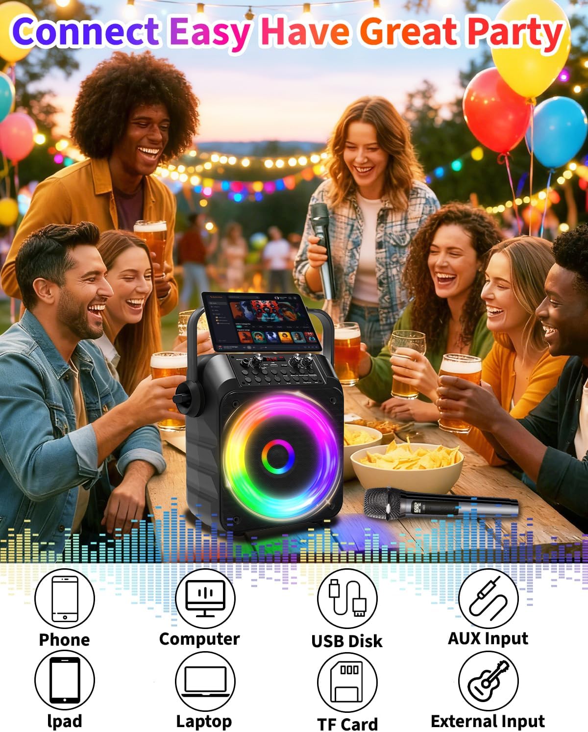 Karaoke Machine, Portable Karaoke System with 2 Wireless Rechargeable Microphones, 60W PA Speaker 6.5