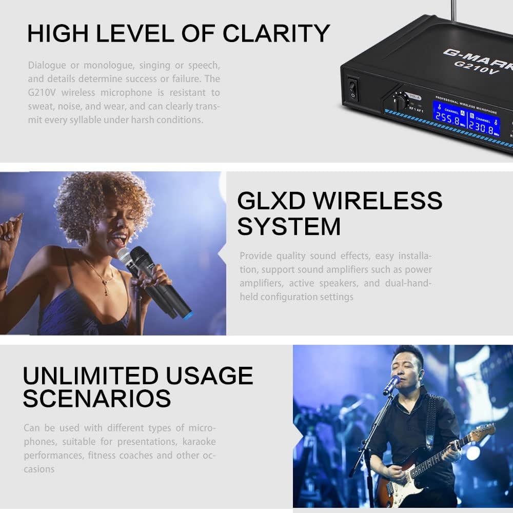 G-MARK G210V Wireless Microphone, Metal Dual Professional VHF Cordless Dynamic Mic Handheld Microphone System for Home Karaoke, Meeting, Party, Church, DJ, Wedding, Home KTV Set, 200ft
