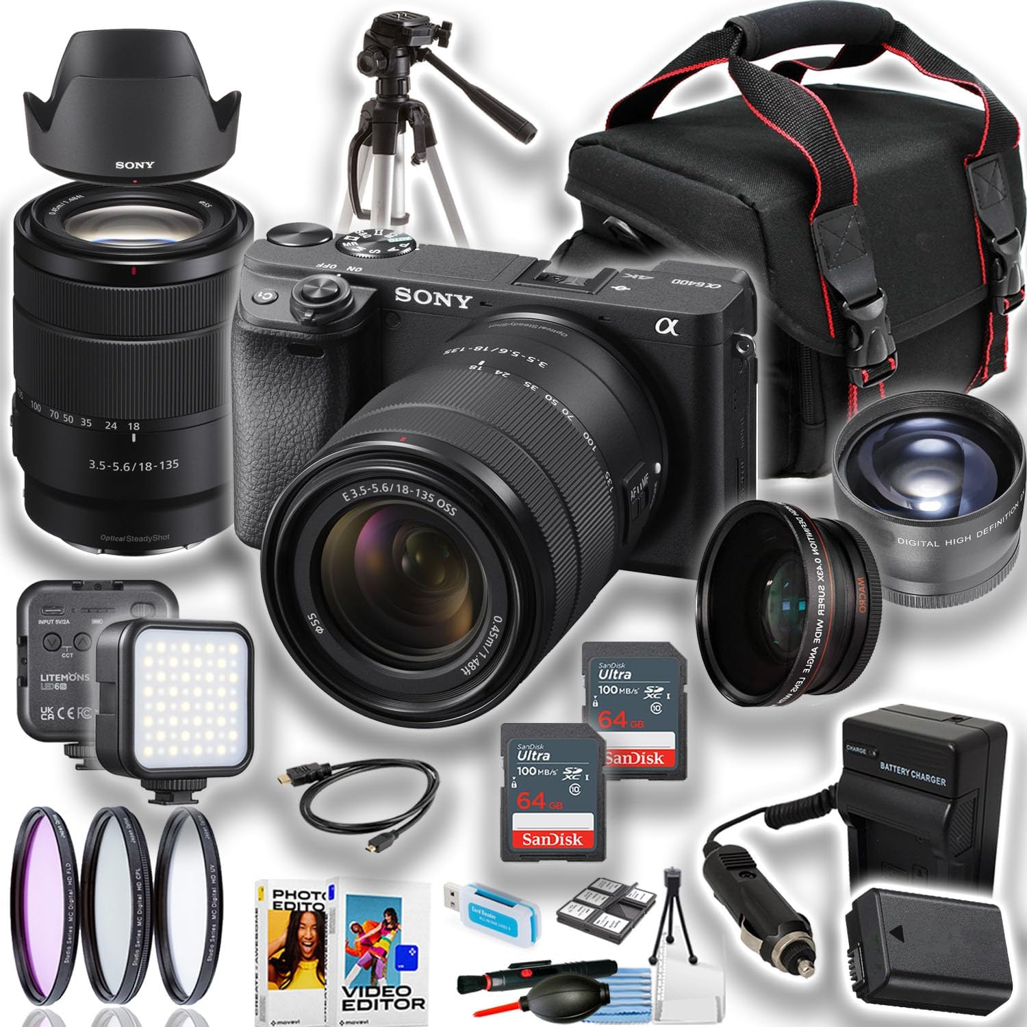 Sony A6400 Mirrorless Camera with 18-135 Vlogging/Video Creator Bundle with Portable LED Light, 64Gb Memory Card, Cleaning Kit + Accessories (Renewed)