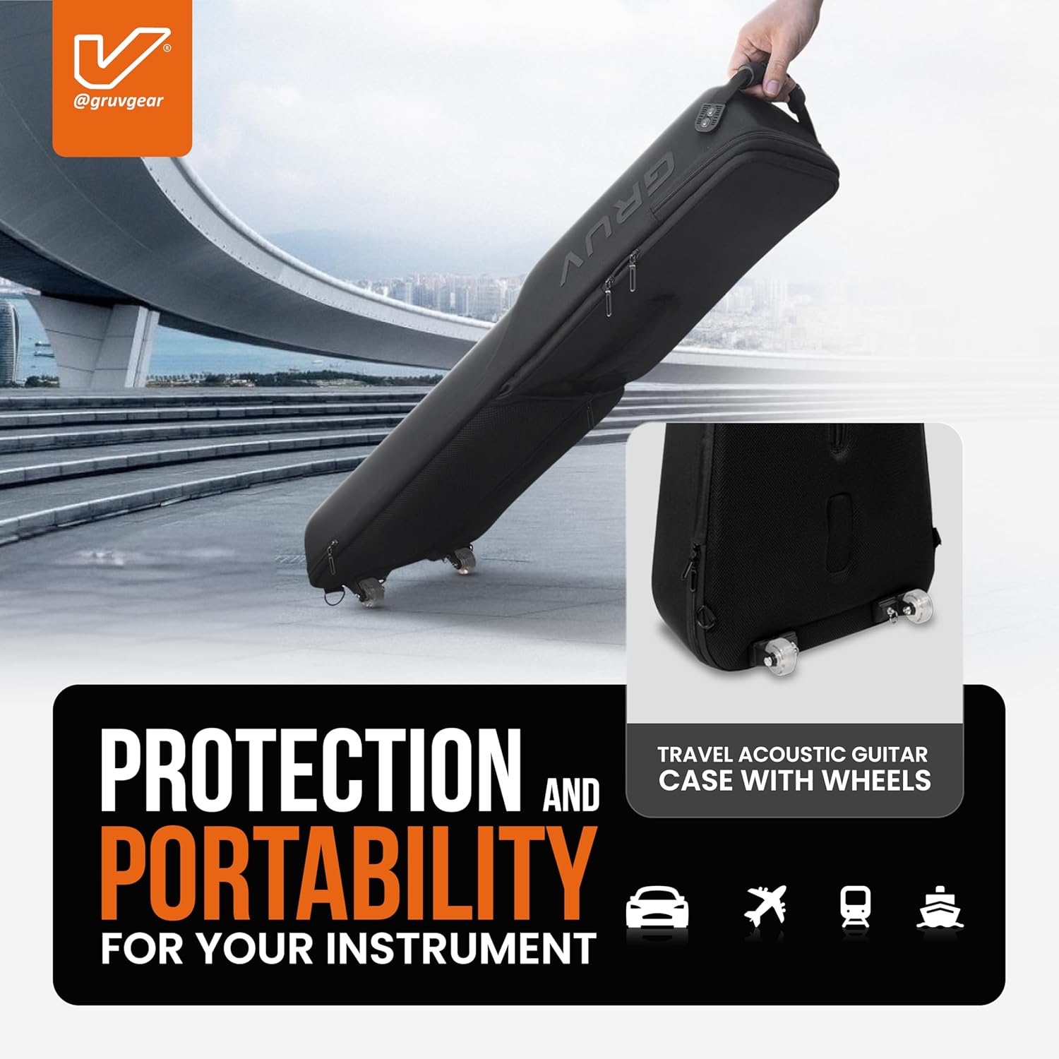 Gruv Gear Kapsulite+ Travel Electric Bass Case with Wheels, Neck Support Cradle & Global Recovery Tag - Gig Bag with Waterproof Exo-Shell, Expandable Top Pocket & Removable Storage Case - Black