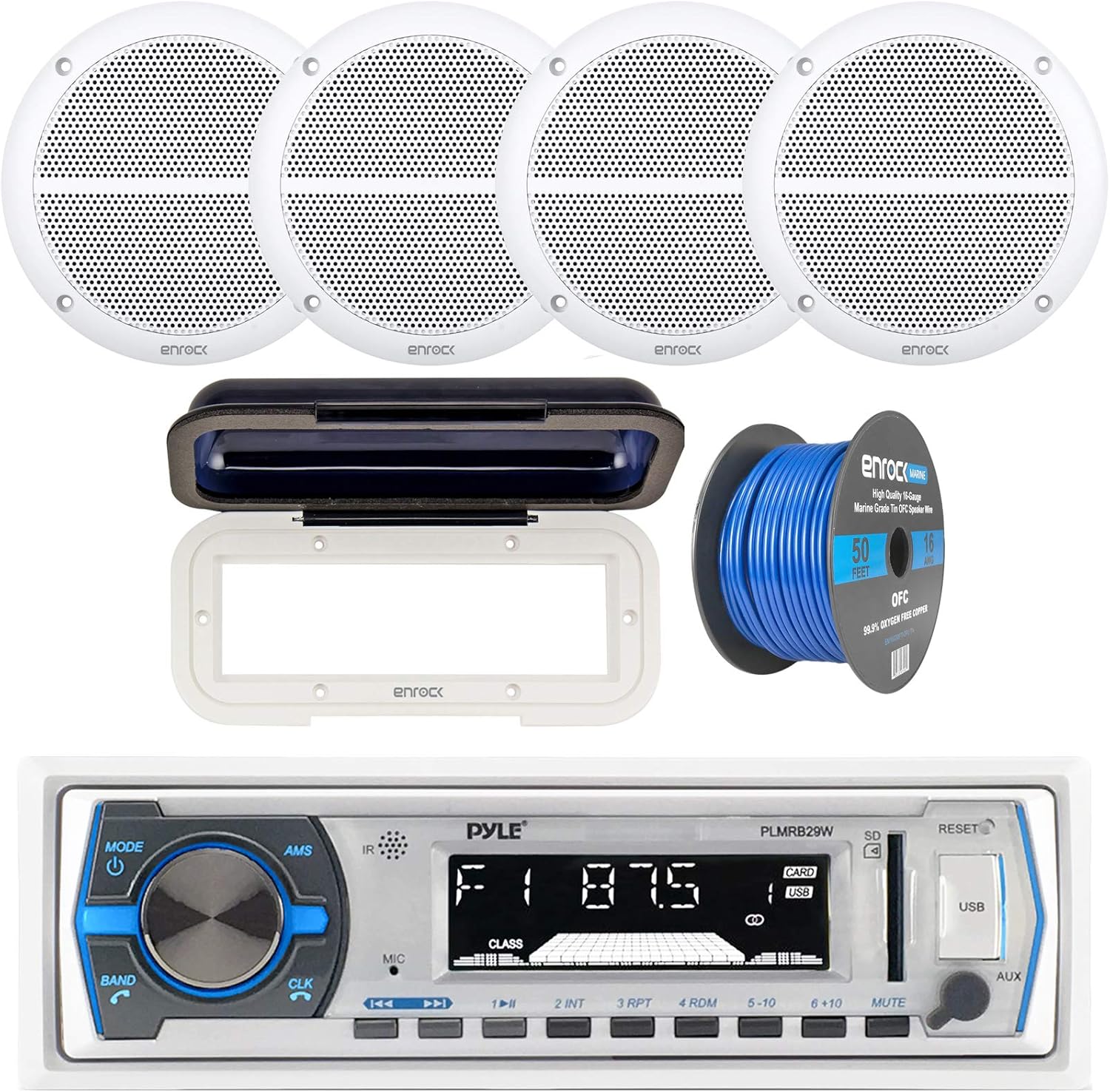 Pyle Single DIN Marine Boat USB/SD Bluetooth Stereo Receiver Bundle Combo with Waterproof Cover, 4 x Enrock 6.5