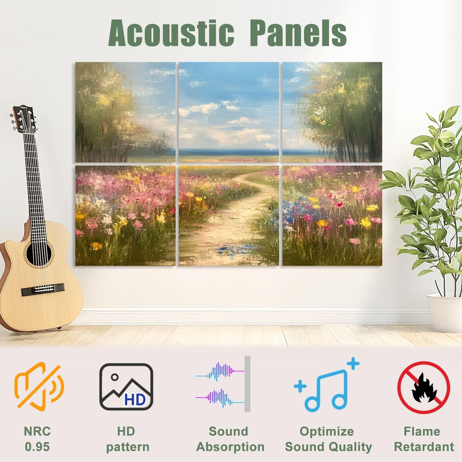 6 Pack Art Acoustic Panels Sound Absorbing Framed Flowers Art Colorful Wildflower Field Nature Spring Landscape Decorative Soundproof Wall Panels Self Adhesive for Recording Studios Office 72