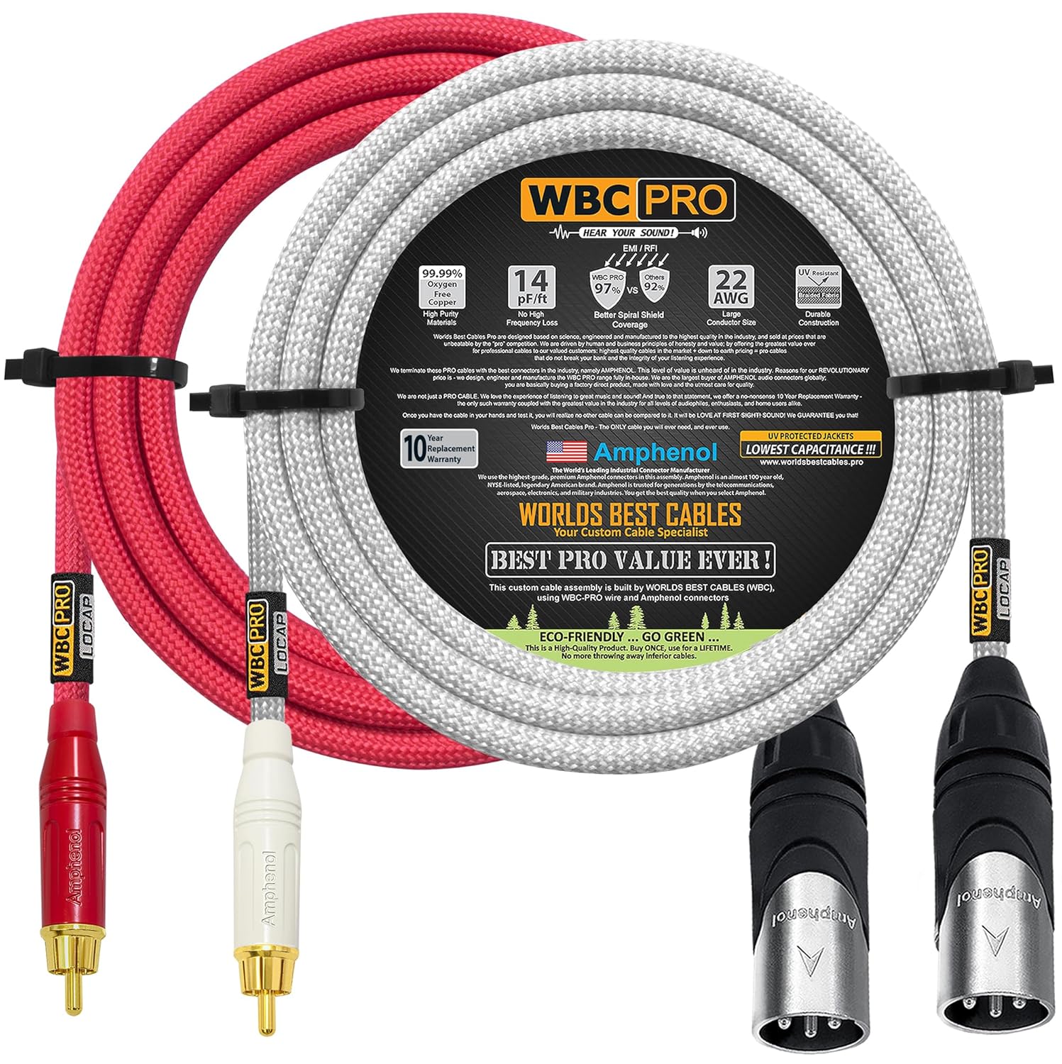 12 Foot RCA to XLR (Male) Cable Pair - WBC-PRO-LOCAP Low-Capacitance (14pF/ft) 22 AWG Ultra-Silent Audiophile & Pro-Grade Audio Interconnect Cable - Amphenol Plugs & Red & Silver Tweed Jackets