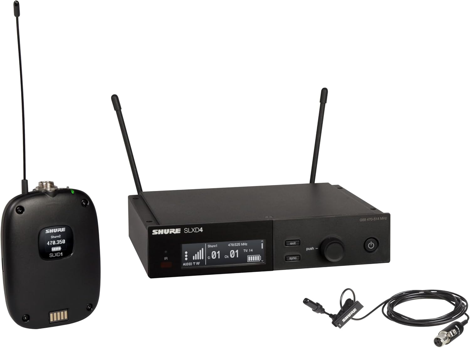 Shure SLXD14/UL4B Digital Wireless Microphone System - Includes SLXD1 Bodypack Transmitter, UL4B UniPlex Cardioid Lavalier Mic, and SLXD4 Receiver with 19