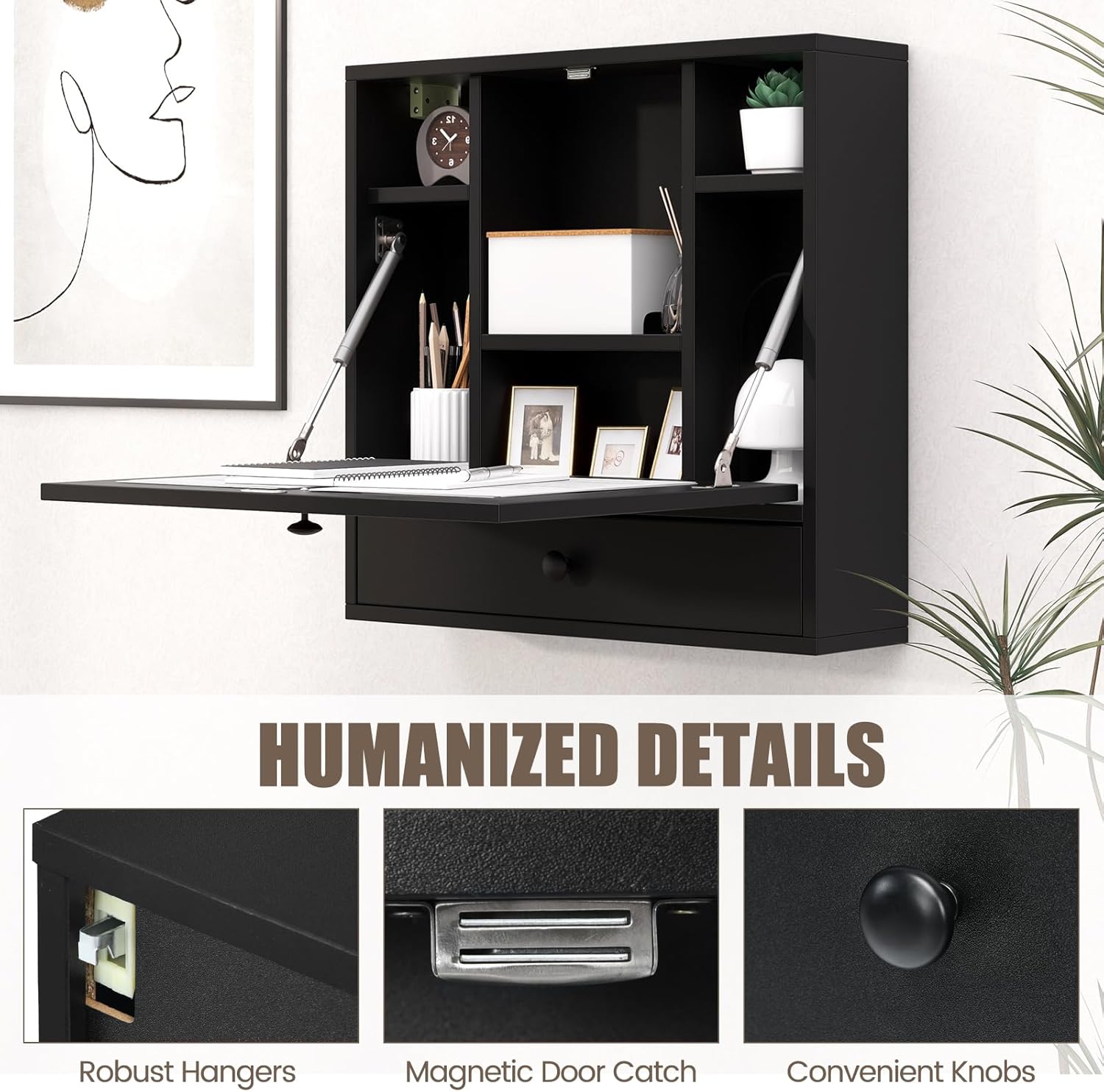 Folding Wall Desk, Wood Wall Mounted Desk with Storage Drawer and Shelves, Fold Down Wall Mount Laptop Desk, Corner Floating Desk for Small Spaces (Black)