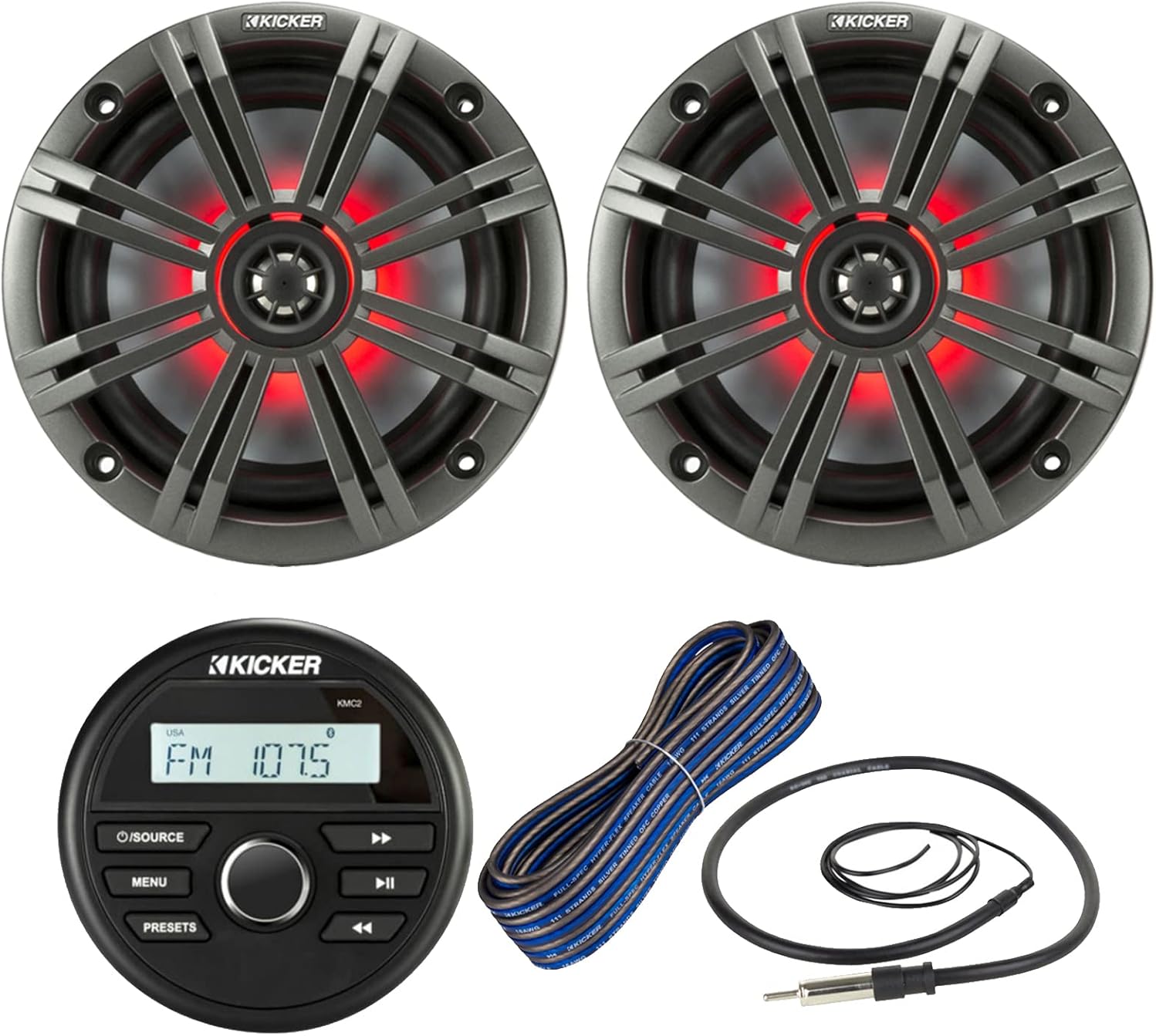 Kicker All-Weather Marine Gauge Style Bluetooth USB Stereo Receiver Bundle Combo with (Qty 2) 6.5
