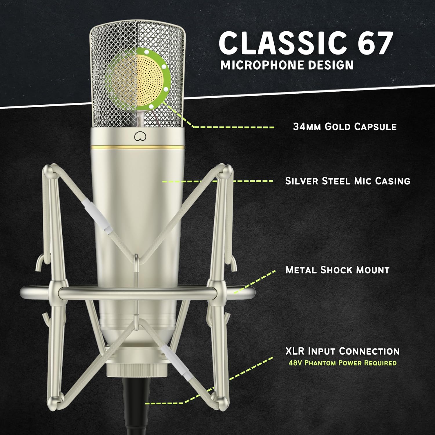 MA-67 Studio Condenser Microphone, 34mm Gold Large Diaphragm Capsule, Including Hydro Pop Filter, Metal Shock Mount, XLR Cable and Mic Bag - For Music Production, Vocal Recording and Podcasting