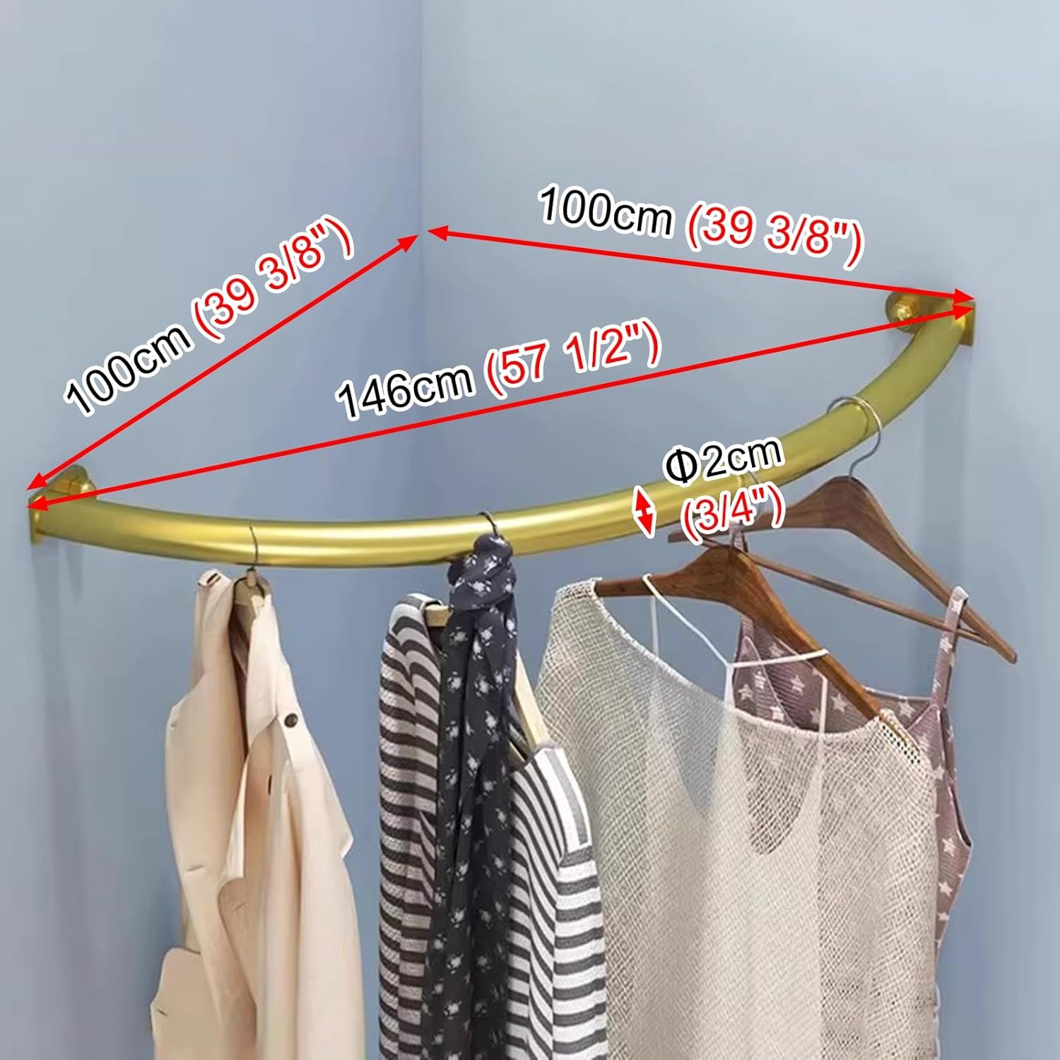 Corner closet rod hanger, Curved closet bar for hanging clothes, no-drilling Wardrobe tube, closet pole garment storage clothes rack(Gold,100 x 100 cm (39 3/8 x 39 3/8