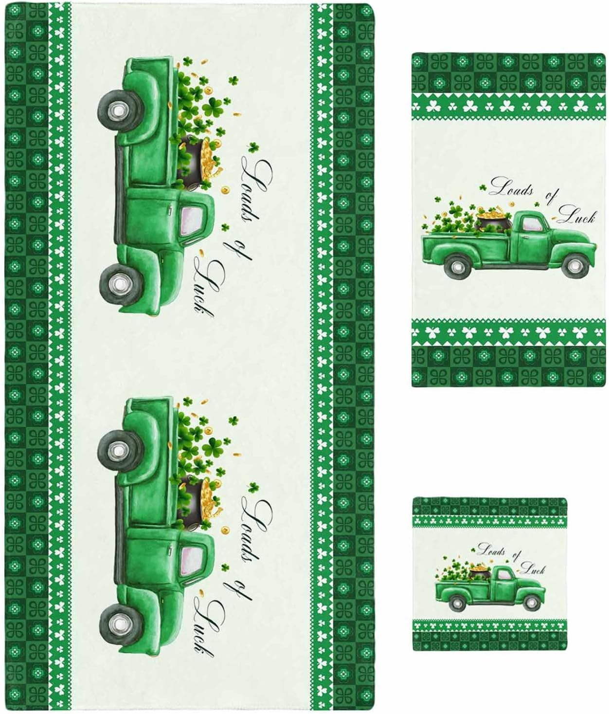 Saint Patrick's Day Bath Towels Set of 3 for Bathroom,Soft Absorbent Shower Beach Hand Face Hair Yoga Workout Gym Towel Dish Wahcloth,Luck Leaves Car Green Buffalo Plaid Quick Dry Bath Towels+Set