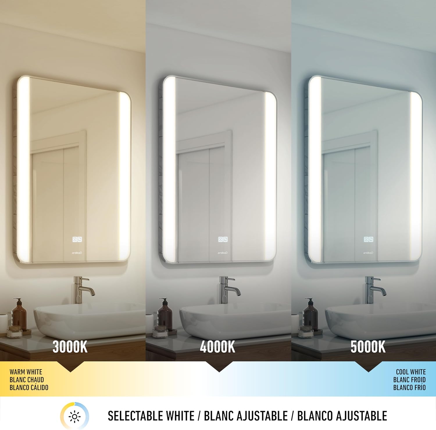 artika Onyx Wall Mount LED Mirror, 24x32 Inch, Bathroom, Rectangular with Rounded Corners, Steel Frame, Modern, Chrome, Selectable White, Dimmable with Defogger