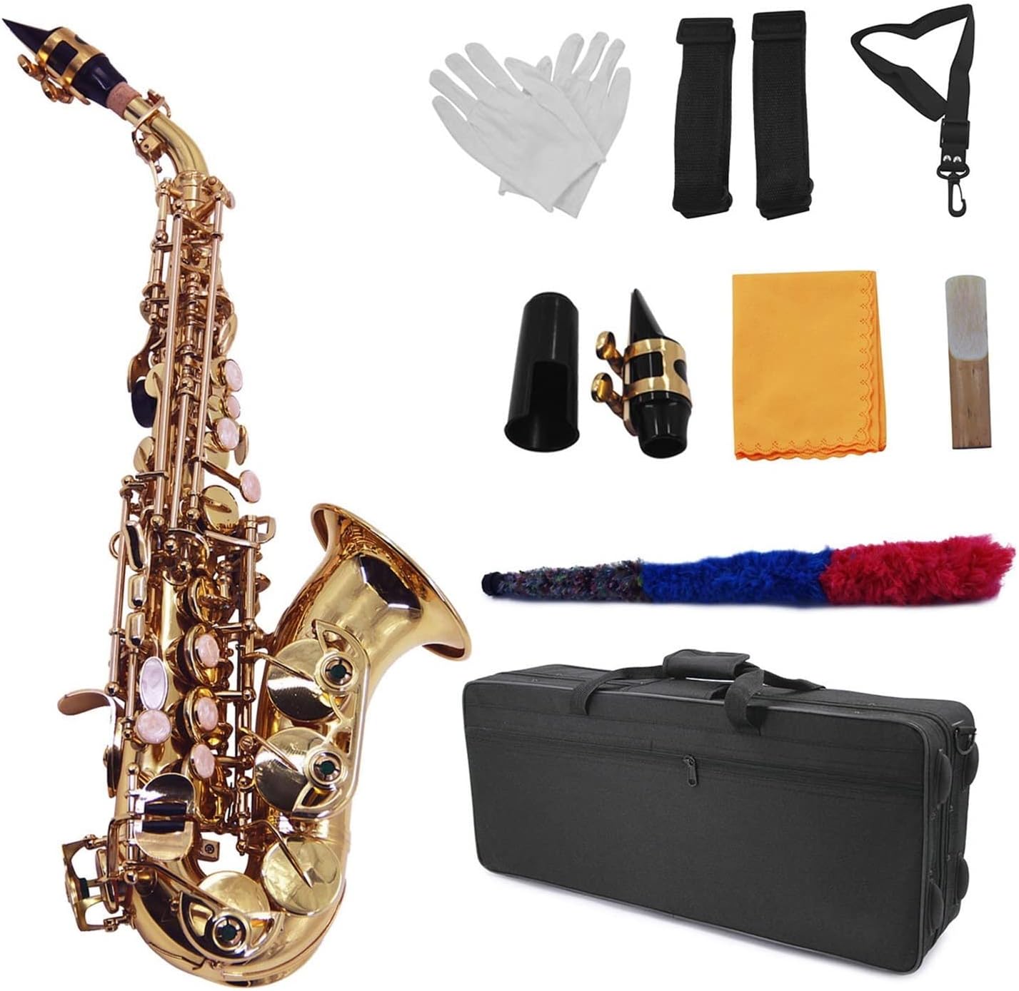 Bend Bb Saxophone Brass Lacquered Woodwind Instrument with Carrying Case Reed Cleaning Brush Cloth Gloves Straps Student Saxophone