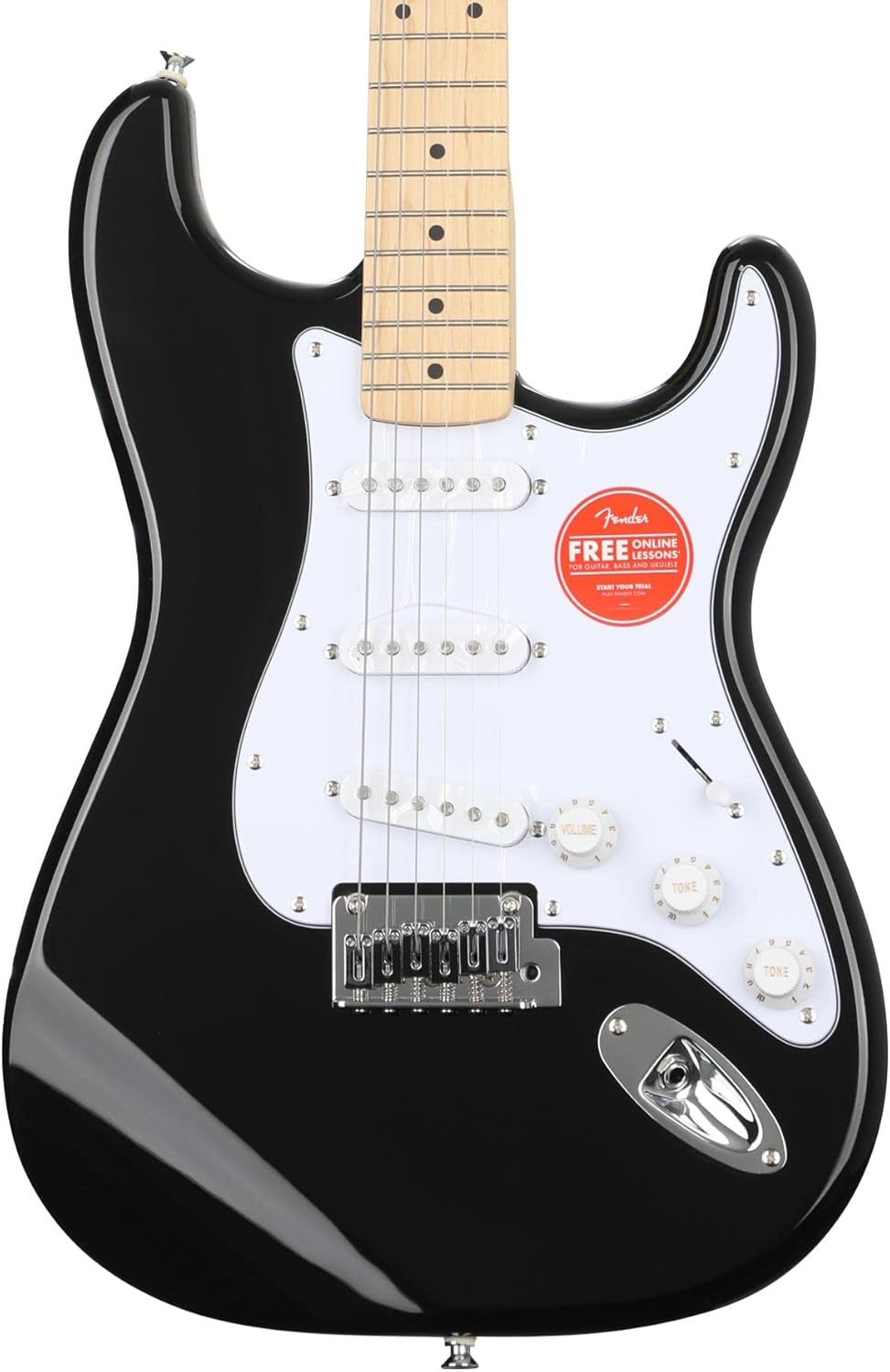 Fender Squier Affinity Series Stratocaster Electric Guitar - Black with Maple Fingerboard, Includes Guitar Tuner and Strap, Ideal for Beginners and Intermediate Players, Lightweight and Durable Design