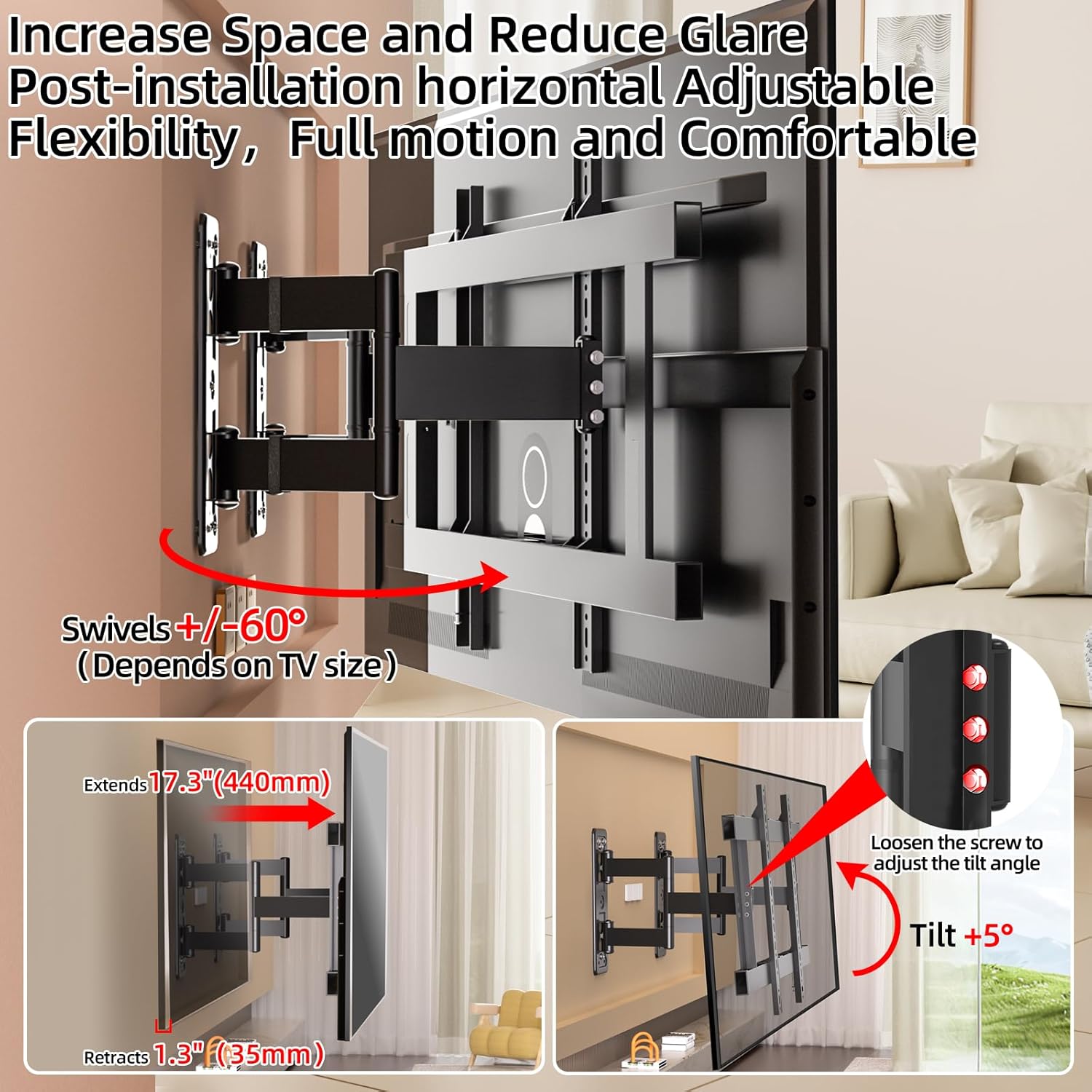 98 86 85 77 75 inch TV Wall Mount,Full Motion Corner TV Bracket for 37-100