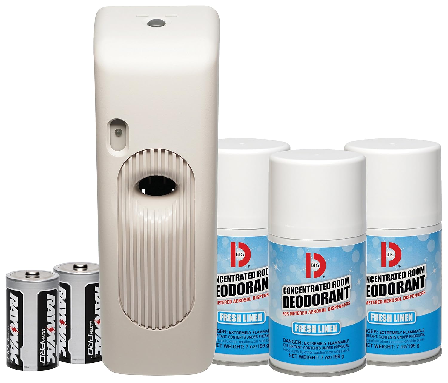 Big D 872 Metered Aerosol Starter Kit, Fresh Linen Fragrance (Contains Dispenser, 2 Batteries, 3 Aerosol Cans) - Air freshener Ideal for restrooms, Offices, Hotels, Stores, Beige, 7 oz. Aerosol