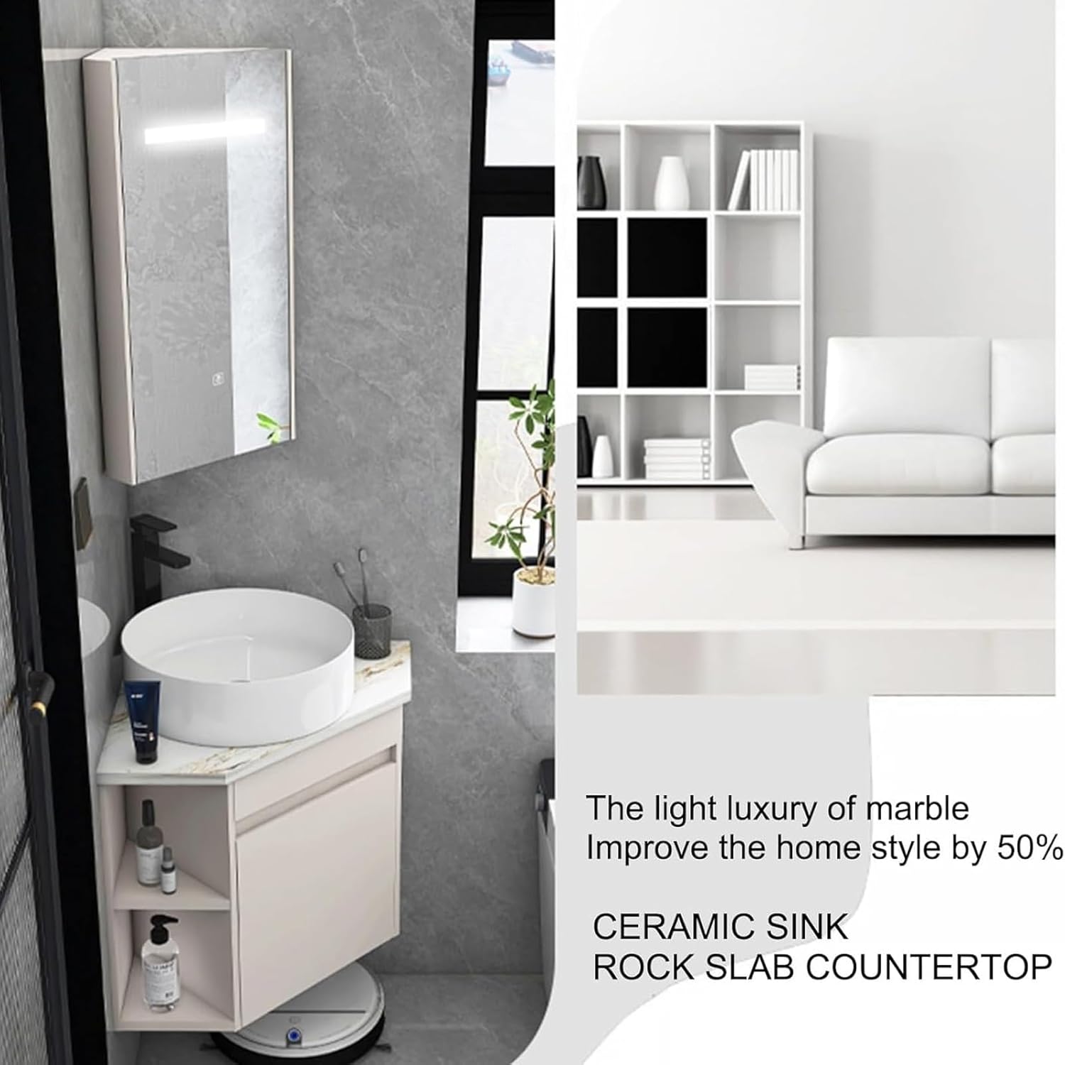 Corner Bathroom Sink, Corner Bathroom Vanity with Mirror Cabinet, Wall Mount Ceramic Vanity Sink, Floating Wash Basin with Sink Cabinet(15inchx38cm)