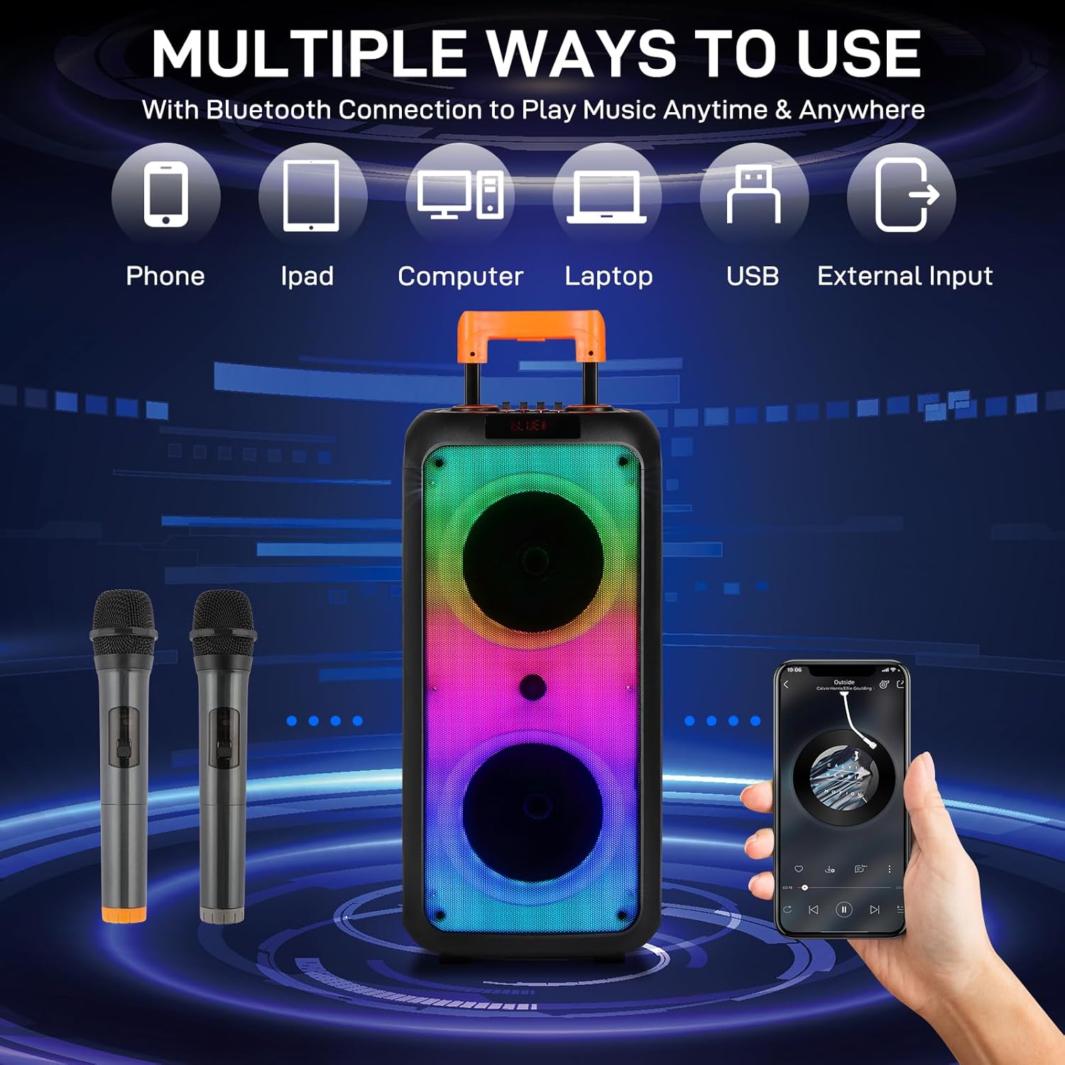 Ktaxon Karaoke Machine with 2 Wireless Microphones, Portable Outdoor & Indoor Bluetooth Speaker with Multi Light Modes, Dual 8