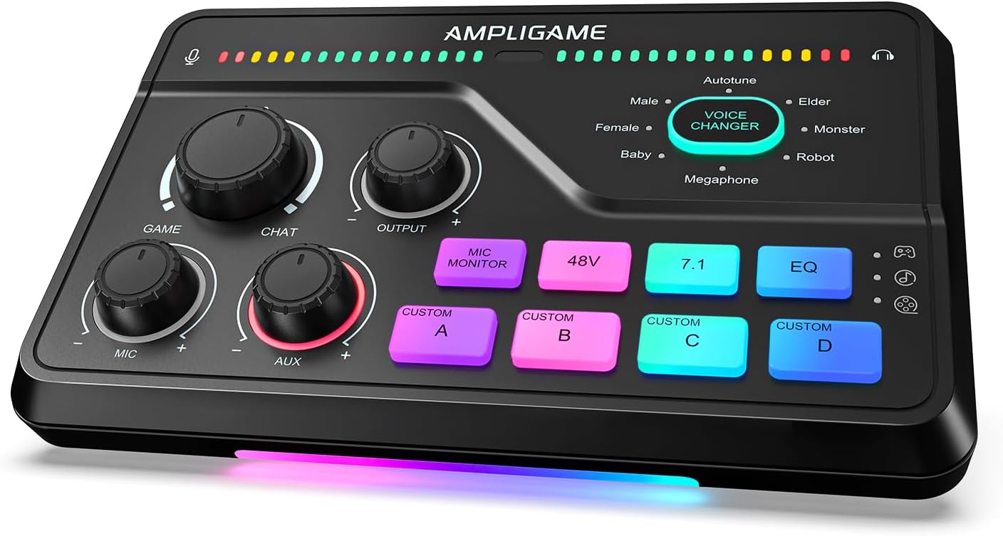 Fifine Gaming Mixer for Voice Chat and Streaming- 7.1ch Surround Sound Headphone Amp-XLR Preamp-USB Plug & Play-Voice Changer-RGB-Volume Control-3 EQ Modes Ampligame SC8