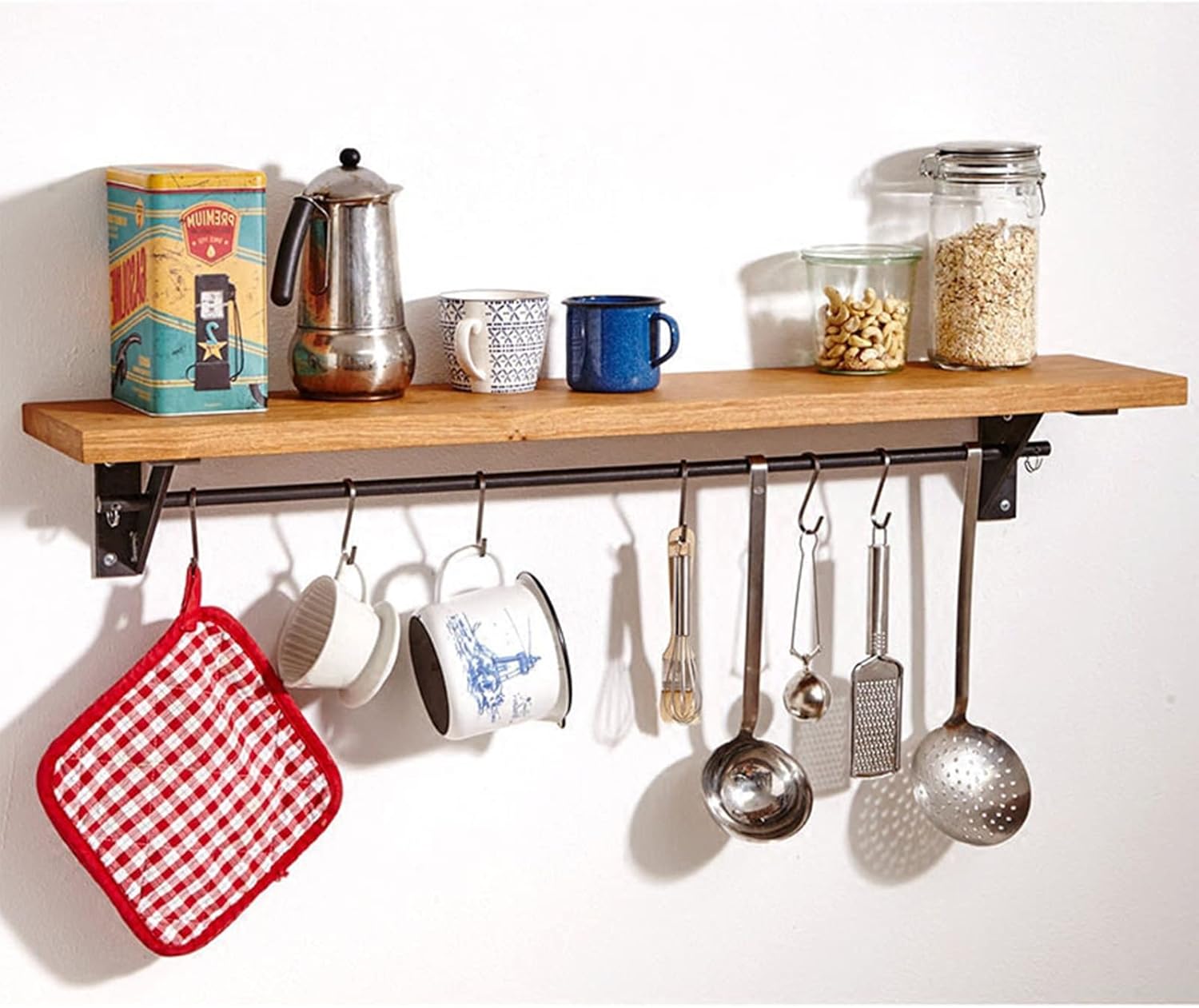 Floating Shelves for Kitchen Spice Storage Hanging Pot & Pan Rack,Wood Wall Mount Shelf with Rails and Hooks, for Bedroom, Living Room, Bathroom, Hanger Organizer for Utensil (Size : 60x20x ()