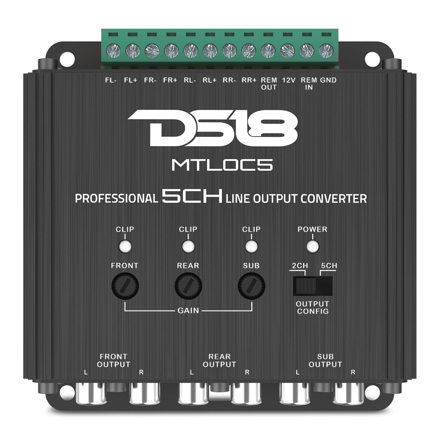 DS18 MTLOC5 5-Channel High-to-Low Level Line Output Converter with Remote Turn-On | Selectable 20/60/20kΩ Input Impedance | 40V Speaker-Level to RCA Converter | Compact Aluminum Housing