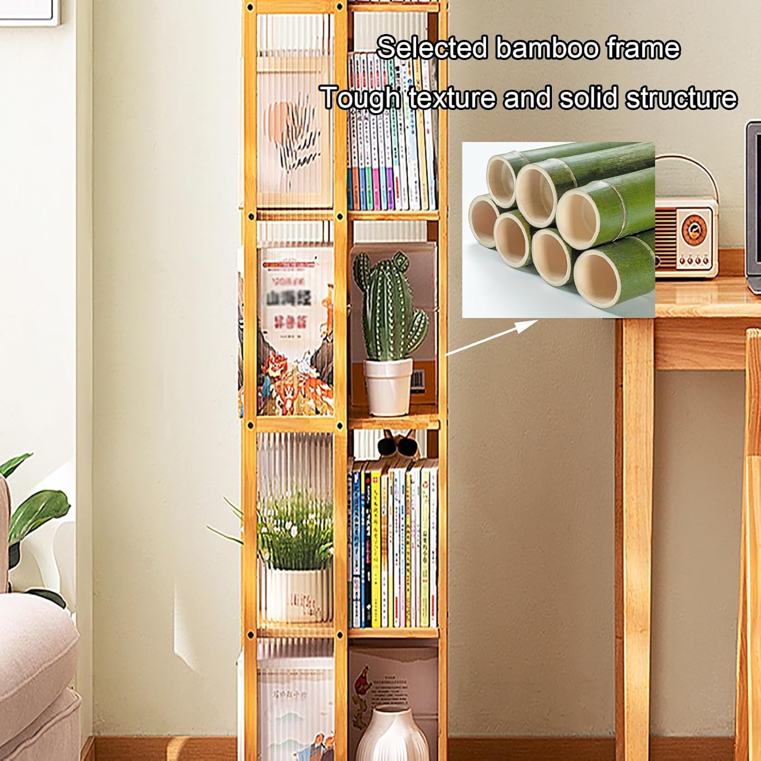 5 Tier Rotating Bookshelf, 360° Spinning Book Shelf Tower, Bamboo Floor Standing Storage Rack, Narrow Storage Shelf for Living Room, Bedroom, Study(Beige)