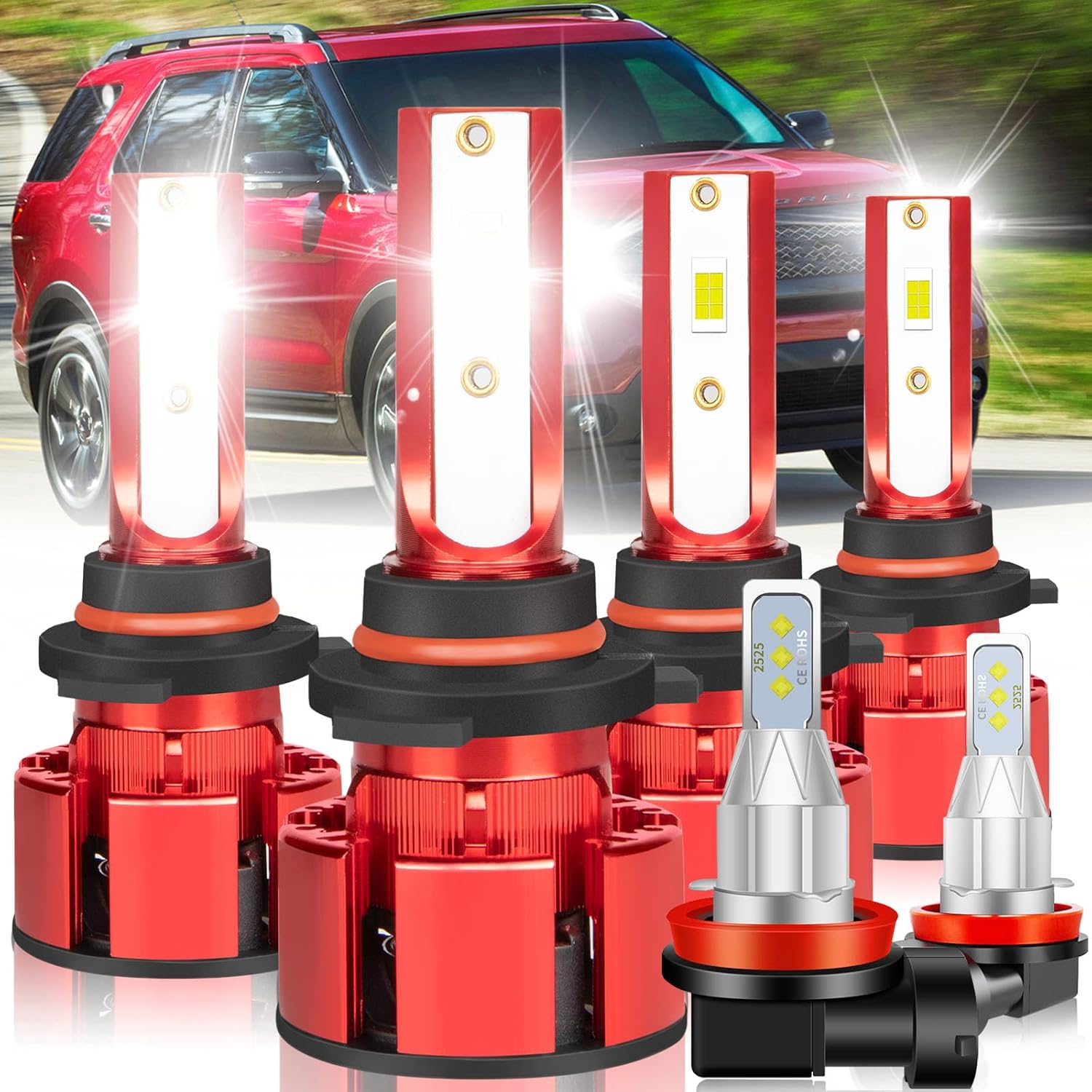 For Ford Explorer 2011 2012 2013 2014 2015 Light Bulbs, 800% Brightness Hi and Lo Beam+Fog Light Bulbs, Superfocused Beam Mode, 6500K White, 36000LM Super Bright, Plug and Play, 6PCS