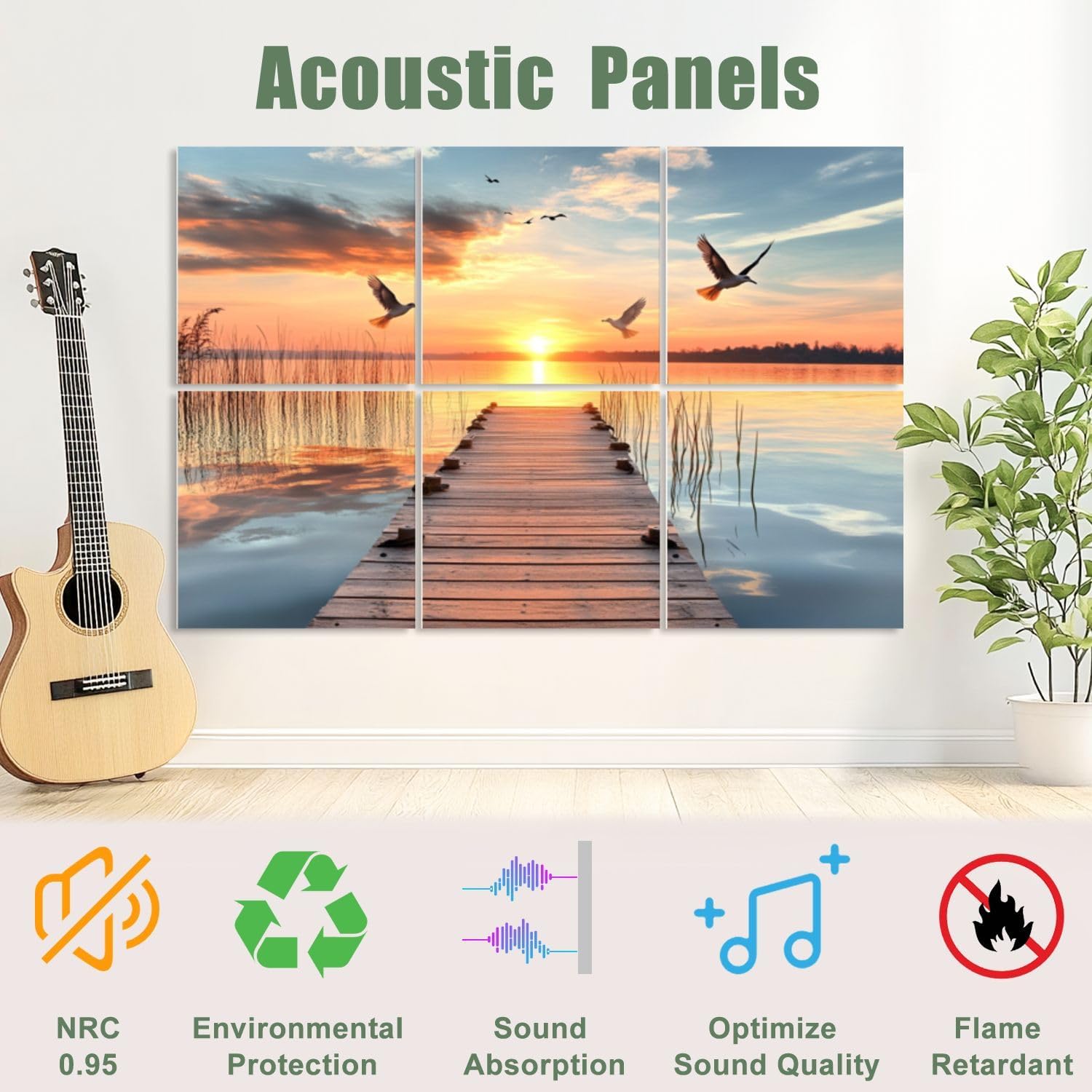 6 Pack Art Acoustic Panels Sound Absorbing Jetty Sunset Lake Nature Landscape Wooden Calm Water Sunset Sky Birds Decorative Soundproof Wall Panels Self Adhesive for Recording Studios Office 72