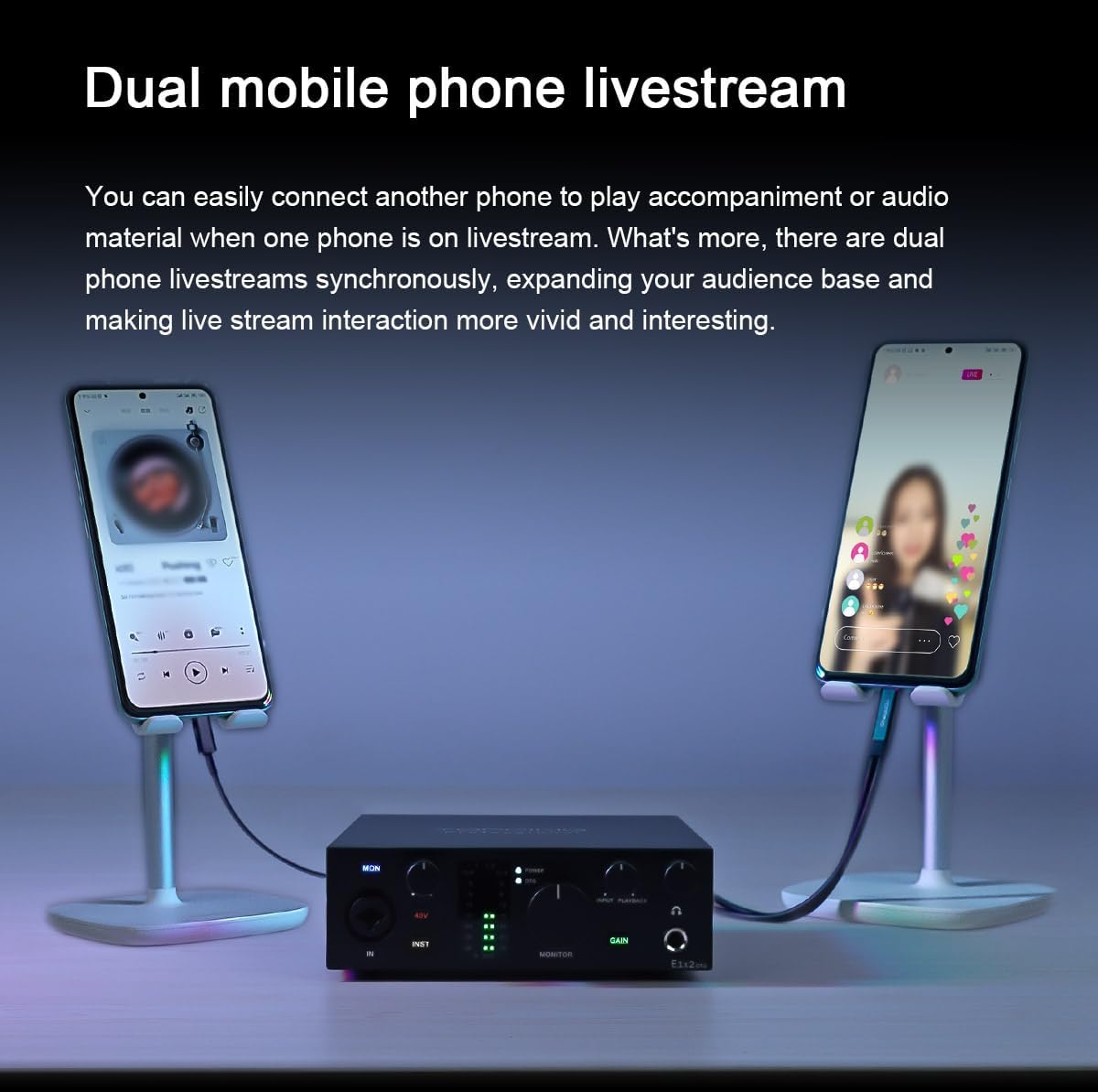 TOPPING E1X2 OTG USB Audio Interface | XLR Mic Preamp, 48V Phantom Power, 24bit/192kHz, 8 DAW/6 Loopback Channels, PC & Mobile Recording, Dual Livestream, Zero-Latency Mixer, High-Res Playback(Black)