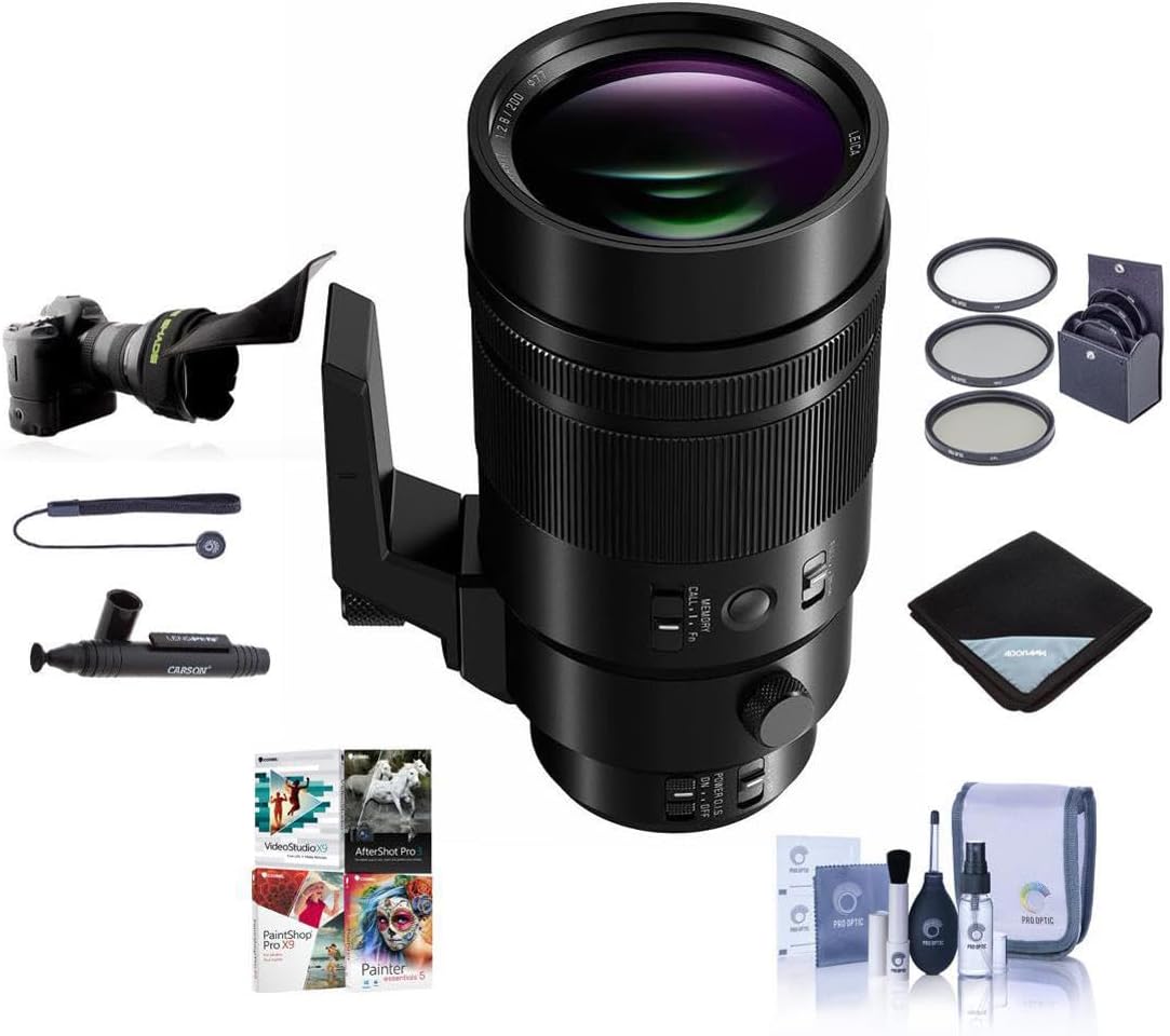 Panasonic Lumix G Leica DG Elmarit 200mm f/2.8 Aspherical Power OIS Lens for Micro 4/3 - Bundle with 77mm Filter Kit, Flex Lens Shade, Lens Wrap, Cleaning Kit, Capleash, Lenspen Cleaner, Software Pack