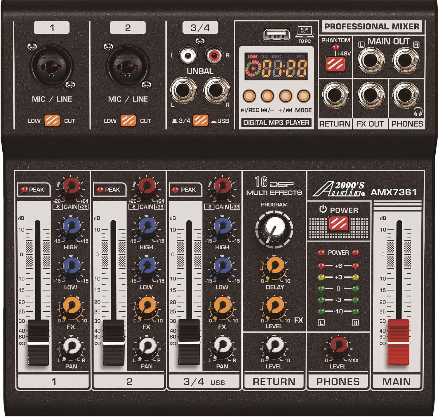 Audio2000'S AMX7361 Four-Channel Audio Mixer with USB 5V Power Supply, USB Interface, and Sound Effect