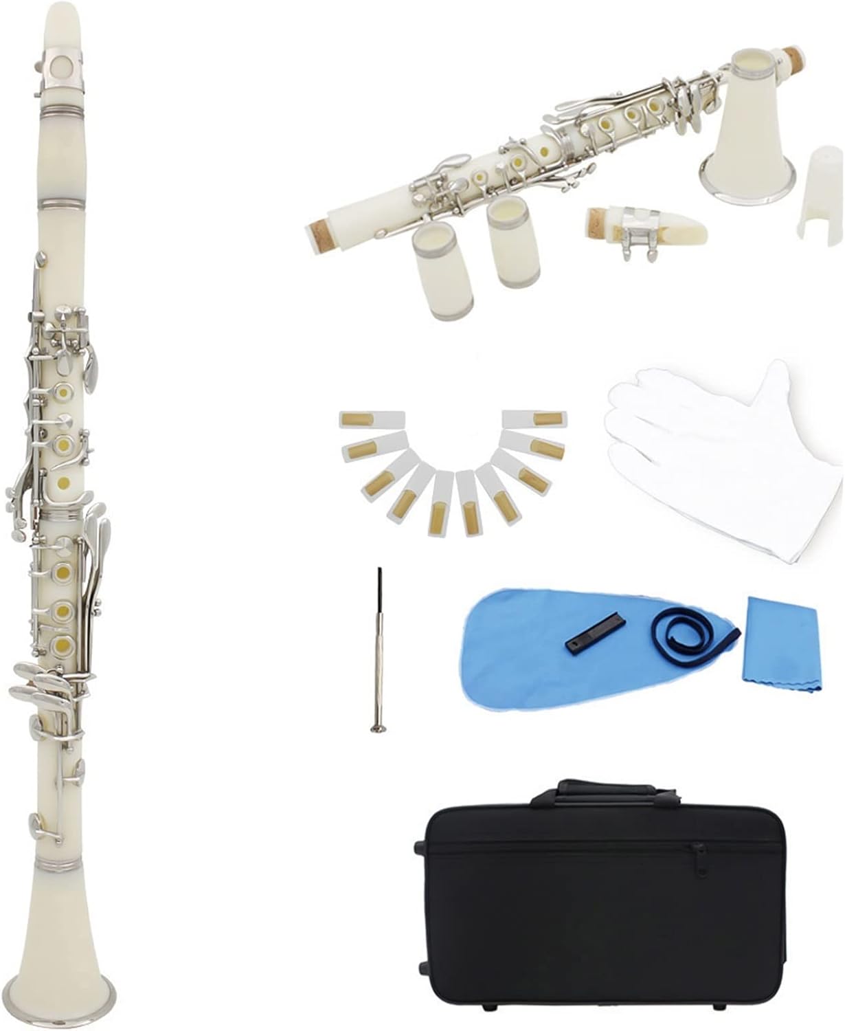 KESHUO Clarinet ABS 17 Key BB Flat Saxophone Binocular Clarinet with Cleaning Cloth Gloves 10 Reeds Screwdriver Case Woodwind Instrument Student Standard Clarinet Set (Color : White)