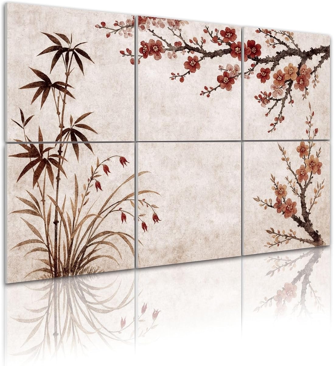 RAINFALLARING 6 Pack Art Acoustic Panels Self Adhesive Traditional chinese painting Spring plum blossom bamboo 48