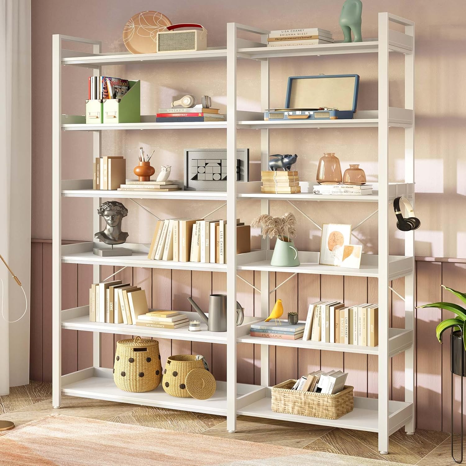 Rolanstar Bookshelf 6 Tier with 4 Hooks, Reversible Corner Bookshelf, 69