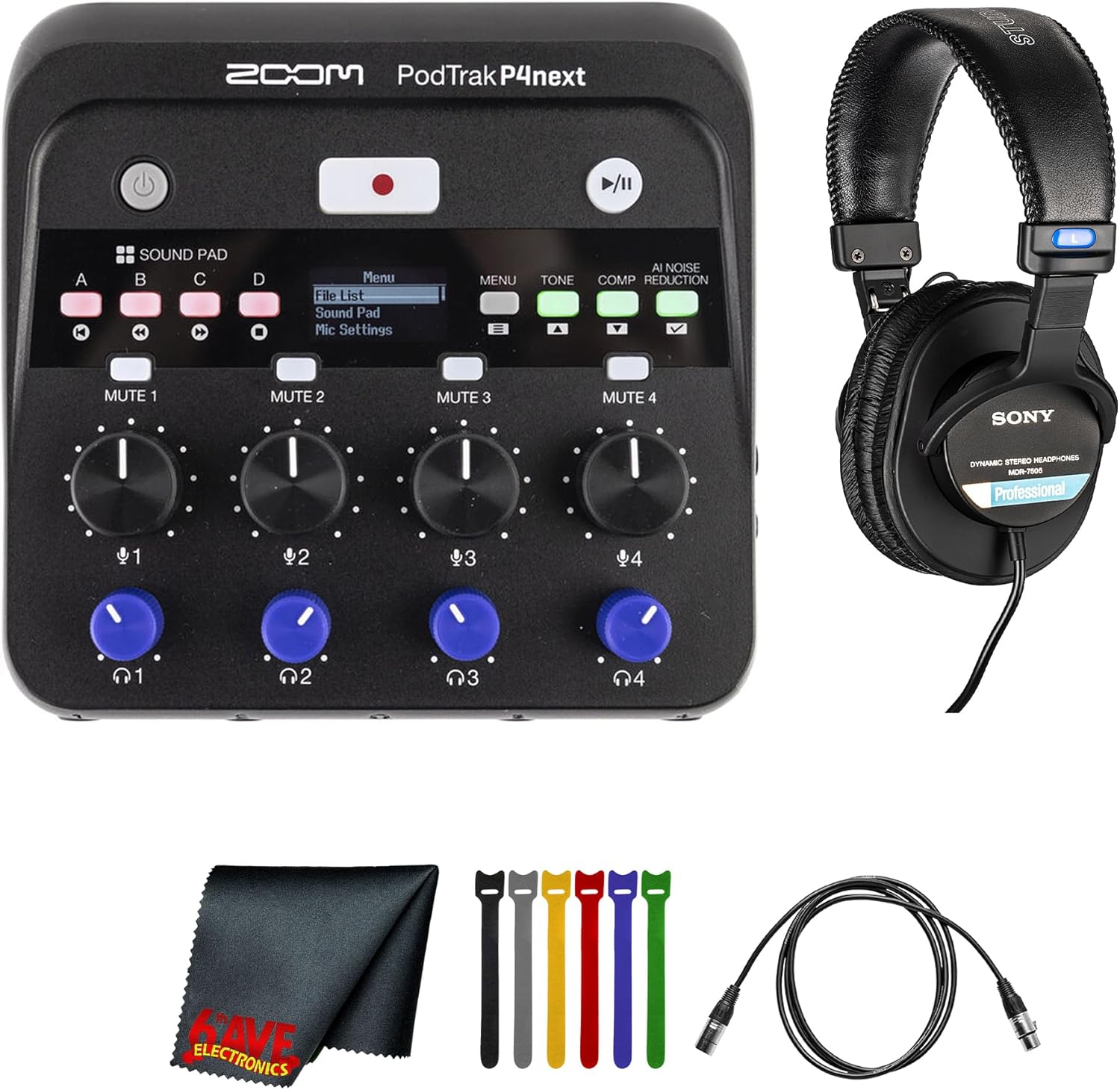Zoom PodTrak P4next Portable Multitrack Podcast Recorder, 4 Microphone XLR Inputs +70 dB Gain, AI Noise Reduction, 48 kHz/24-Bit Recording Bundle with MDR-7506 Professional Stereo Headphones + More